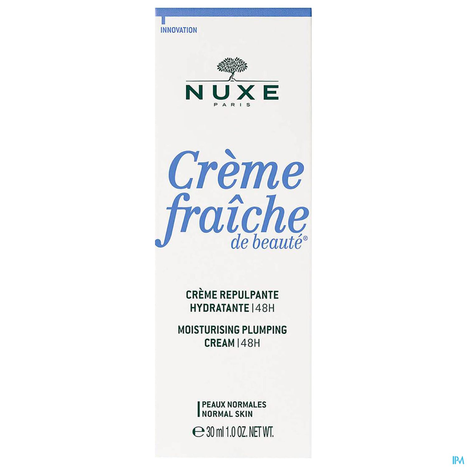 Produktverpackung der NUXE Crème fraîche de beauté, 30 ml, mit Angaben zur Feuchtigkeitspflege für normale Haut und einer Wirksamkeit von 48 Stunden.