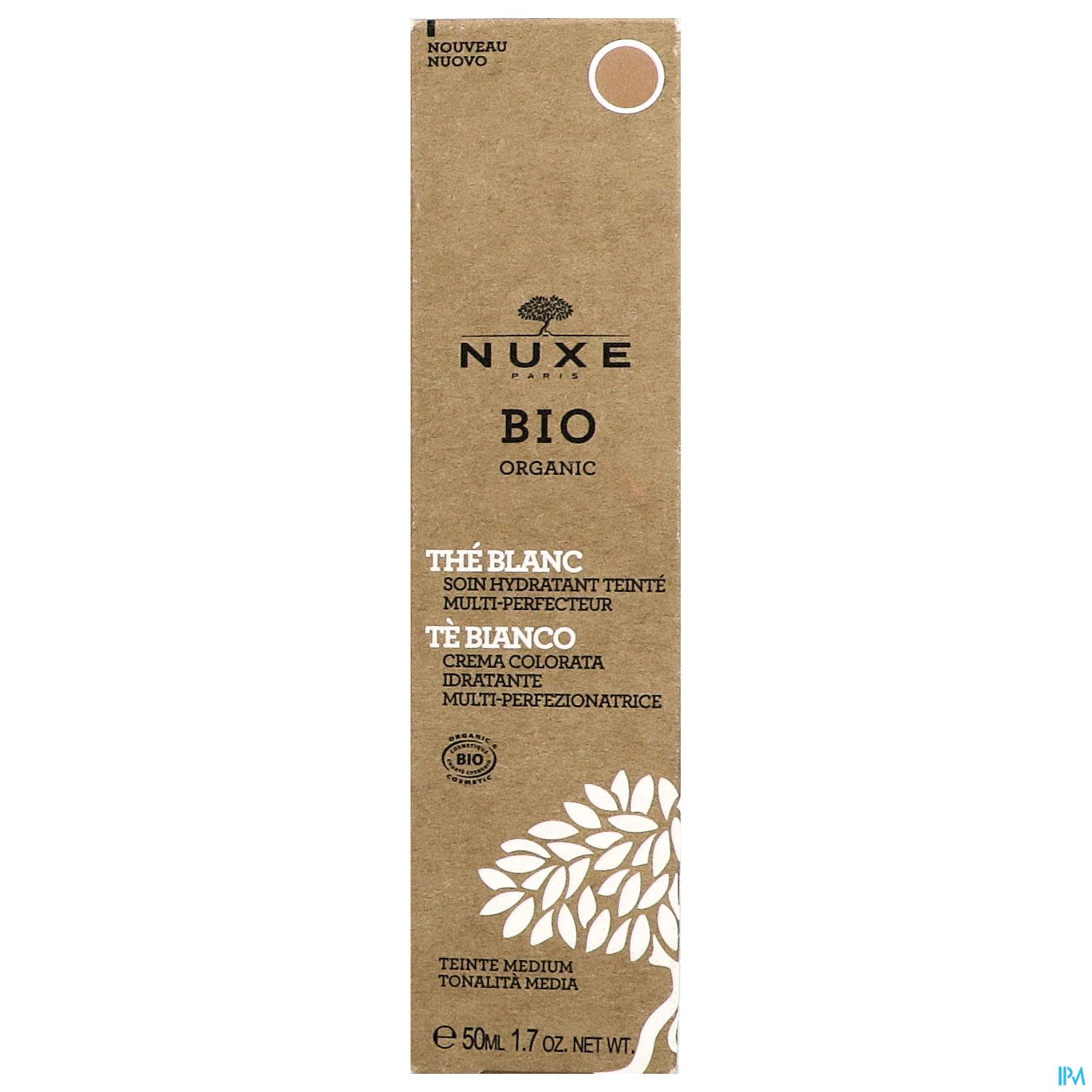 Packung mit NUXE BIO Thé Blanc, einer feuchtigkeitsspendenden, mehrfarbigen Creme in der Farbe Medium.