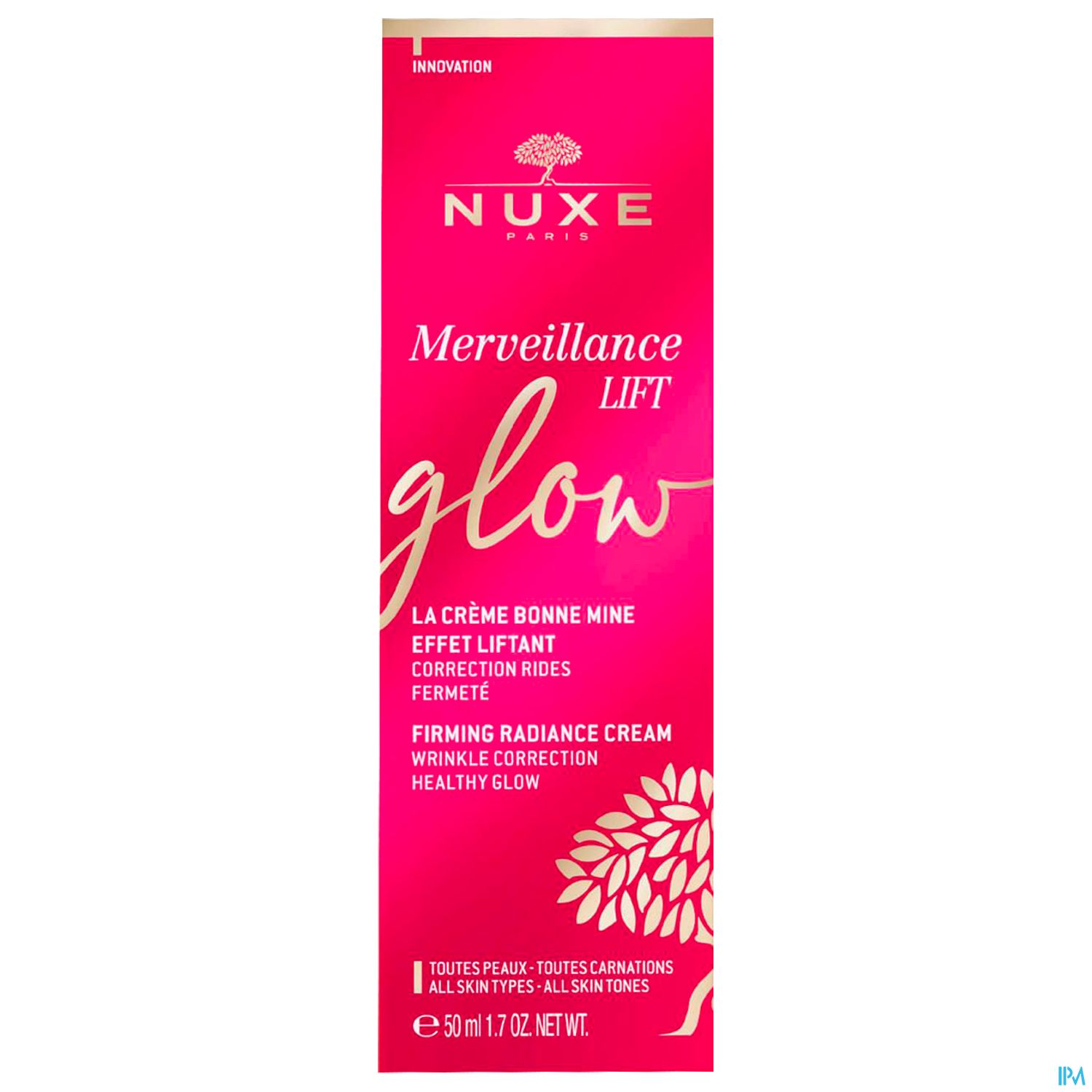 Verpackung der NUXE Merveillance LIFT Glow Creme, mit pinkem Hintergrund und weißen Schriftzügen, die Informationen über die Wirkung und Anwendung enthält.
