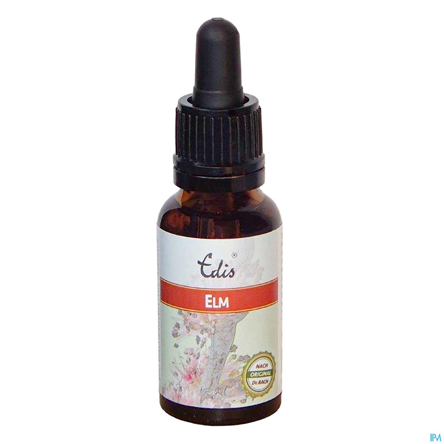 Braunglasflasche mit Pipette, etikettiert mit "Edis Elm".
