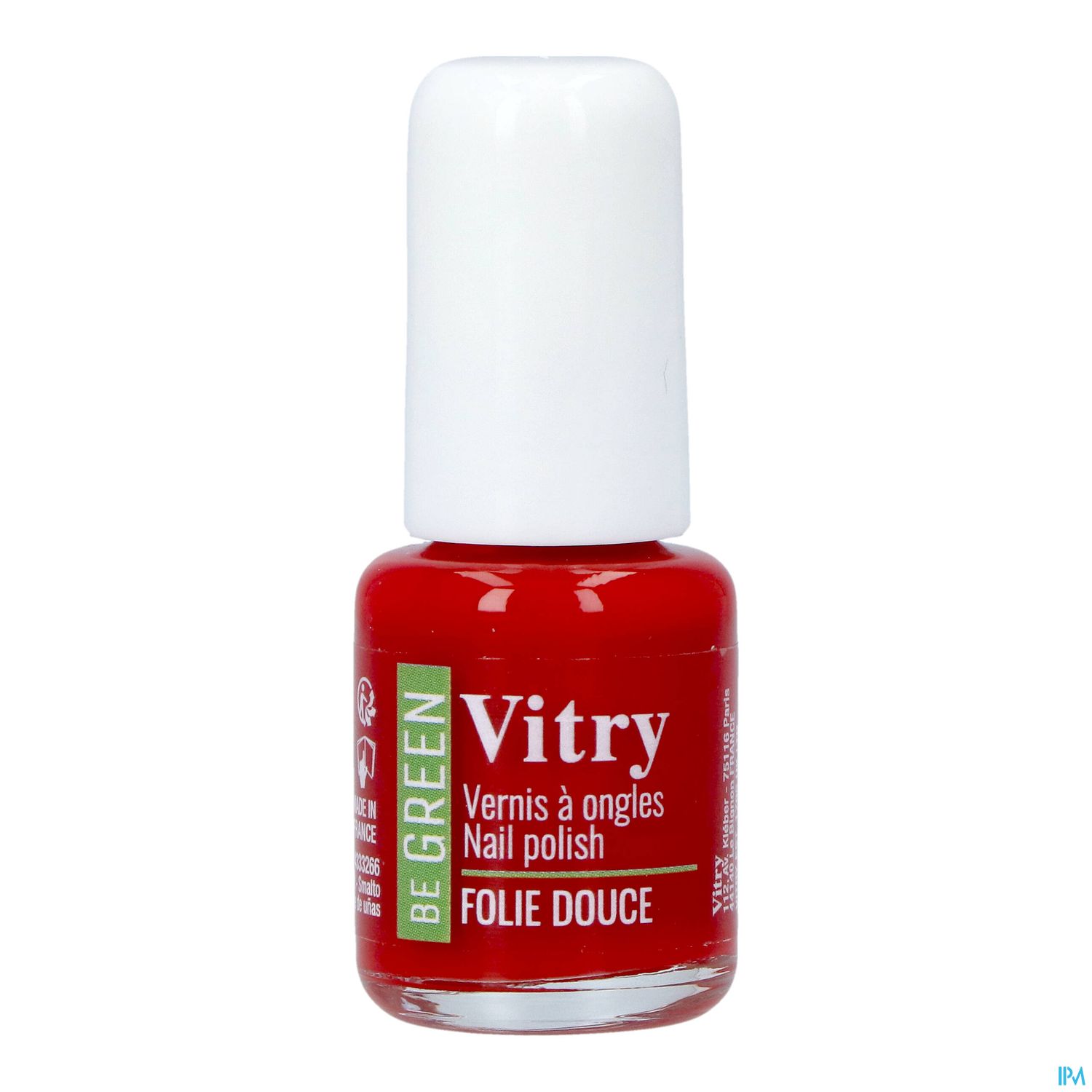 Nagellackflasche in roter Farbe mit weißen Deckel und Etikett „Vitry Be Green Vernis à ongles Folie Douce“.