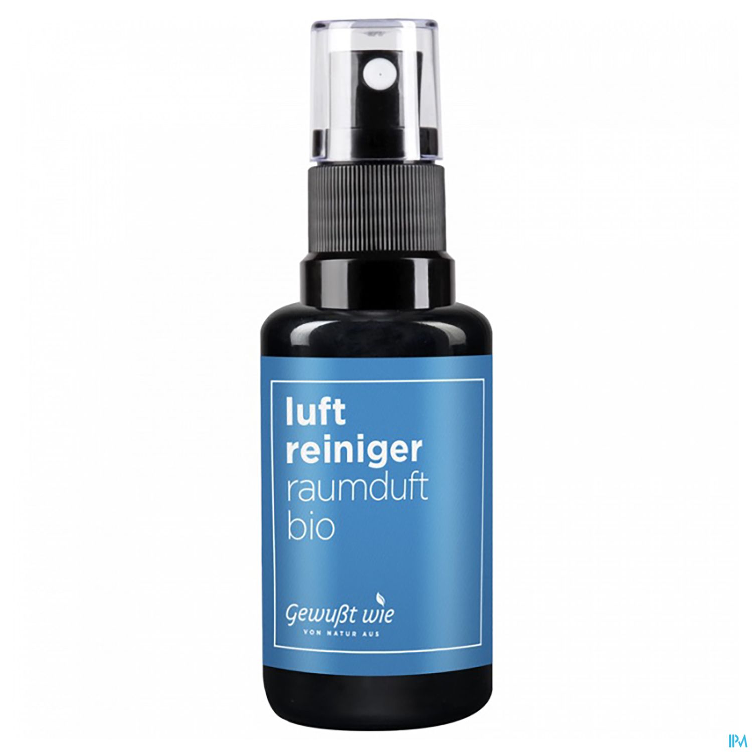 Schwarze Sprühflasche mit Etikett "Luftreiniger Raumsduft Bio" von "Gewusst wie".