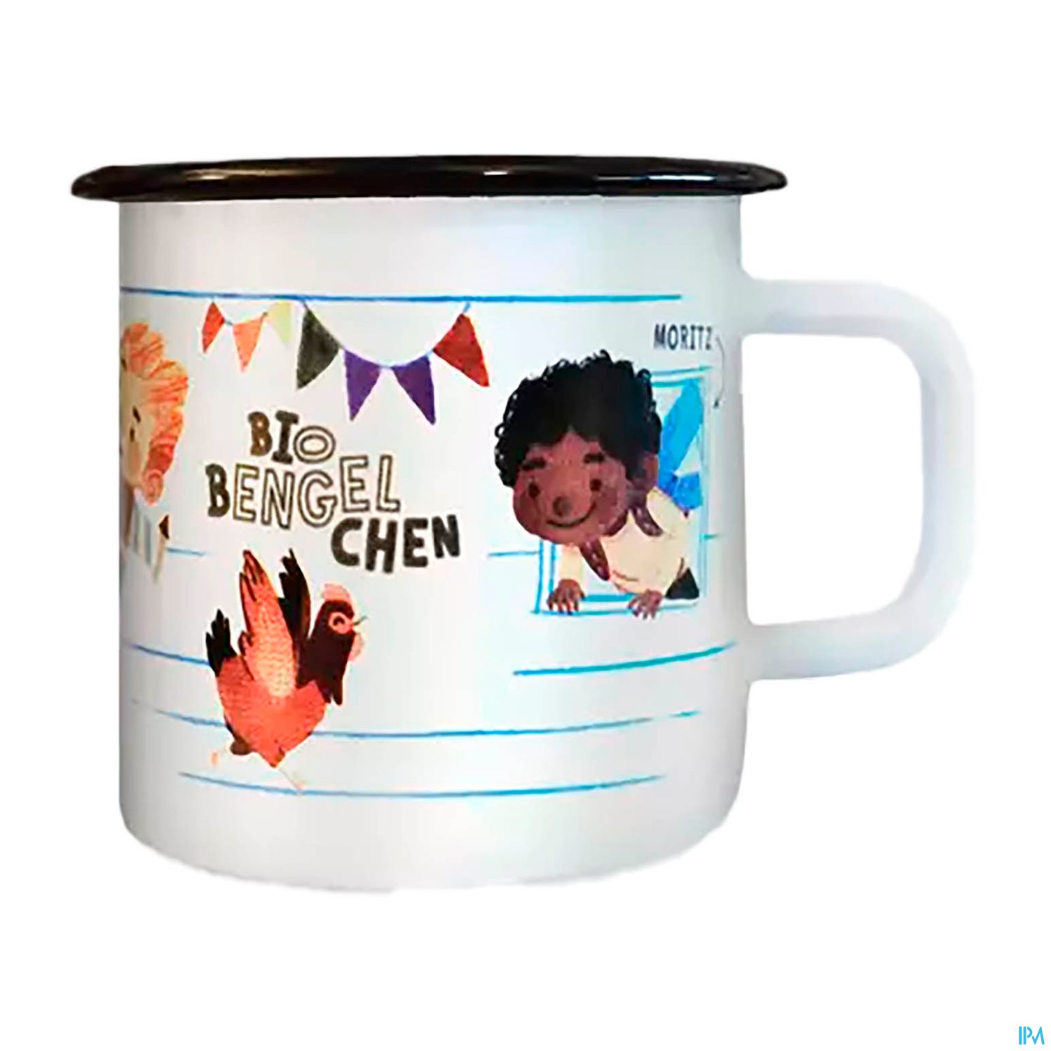 Becher mit buntem, kindgerechtem Design, das Tiere und Kinderillustrationen zeigt, beschriftet mit "Bio Bengelchen".