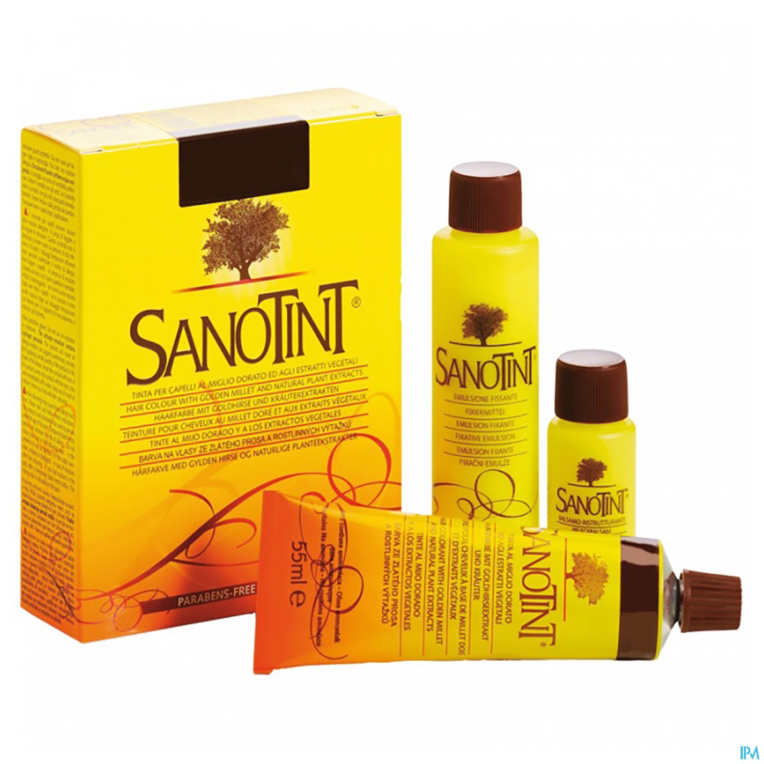 Produktpaket von Sanotint mit zwei Flaschen und einer Tube Haarfarbe in Gelb und Orange.
