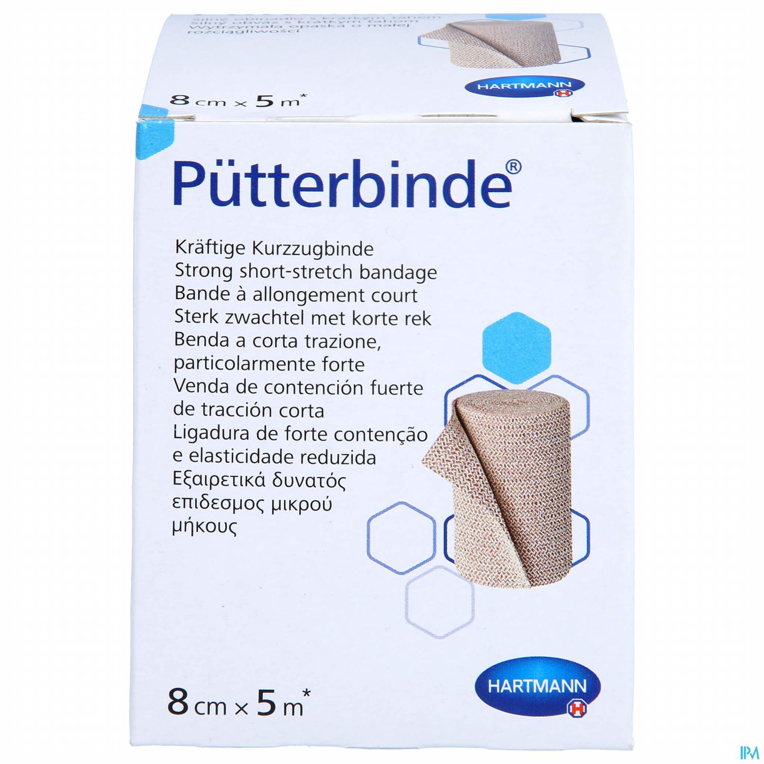 Verpackung einer Pütterbinde (8 cm x 5 m) mit Produktname und Beschreibungen in mehreren Sprachen.