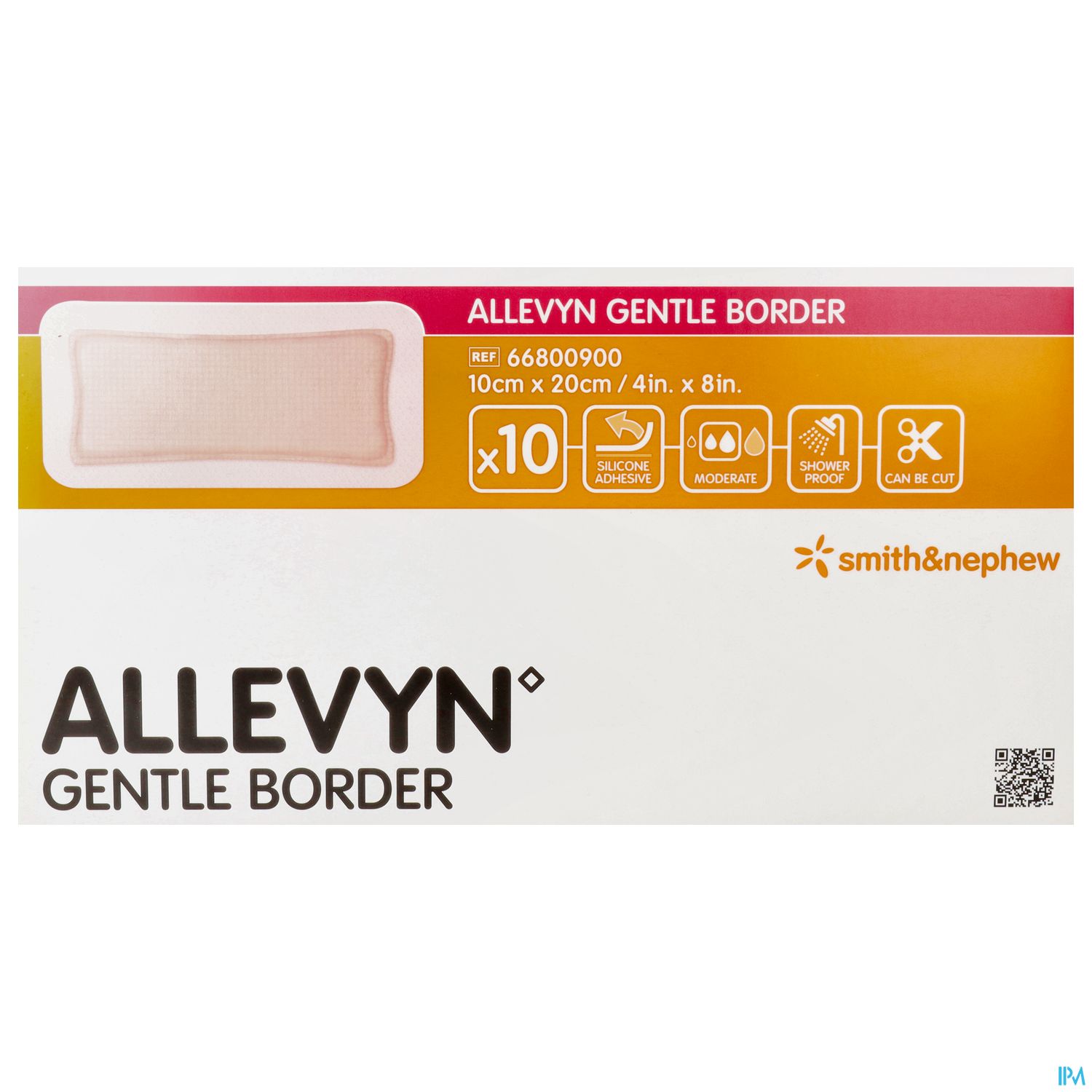 Verpackung eines Produktes mit dem Namen "ALLEVYN GENTLE BORDER", das 10 cm x 20 cm groß ist, mit Informationen über den Inhalt und die Eigenschaften des Produktes.