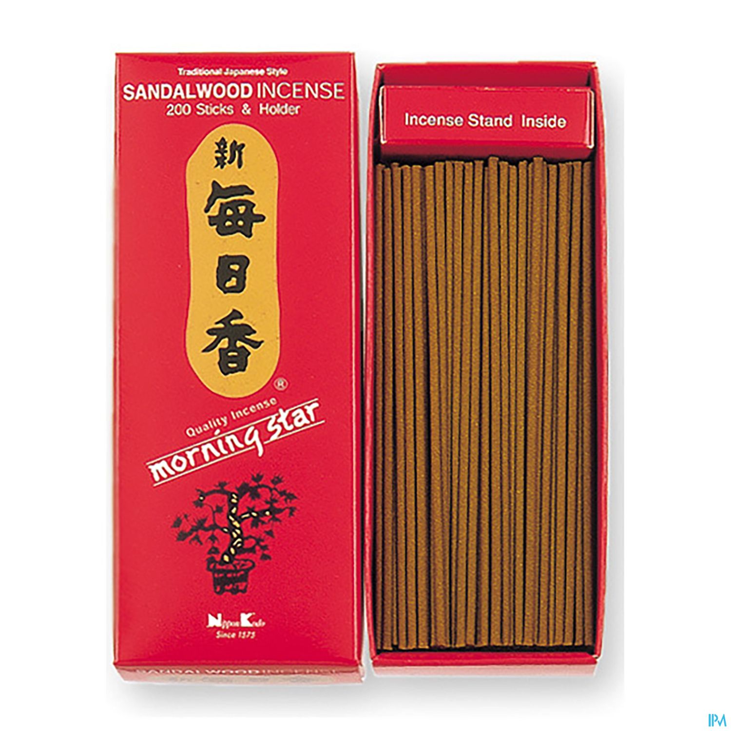 Rote Verpackung mit der Aufschrift „Sandalwood Incense“, die 200 Räucherstäbchen und einen Halter enthält.