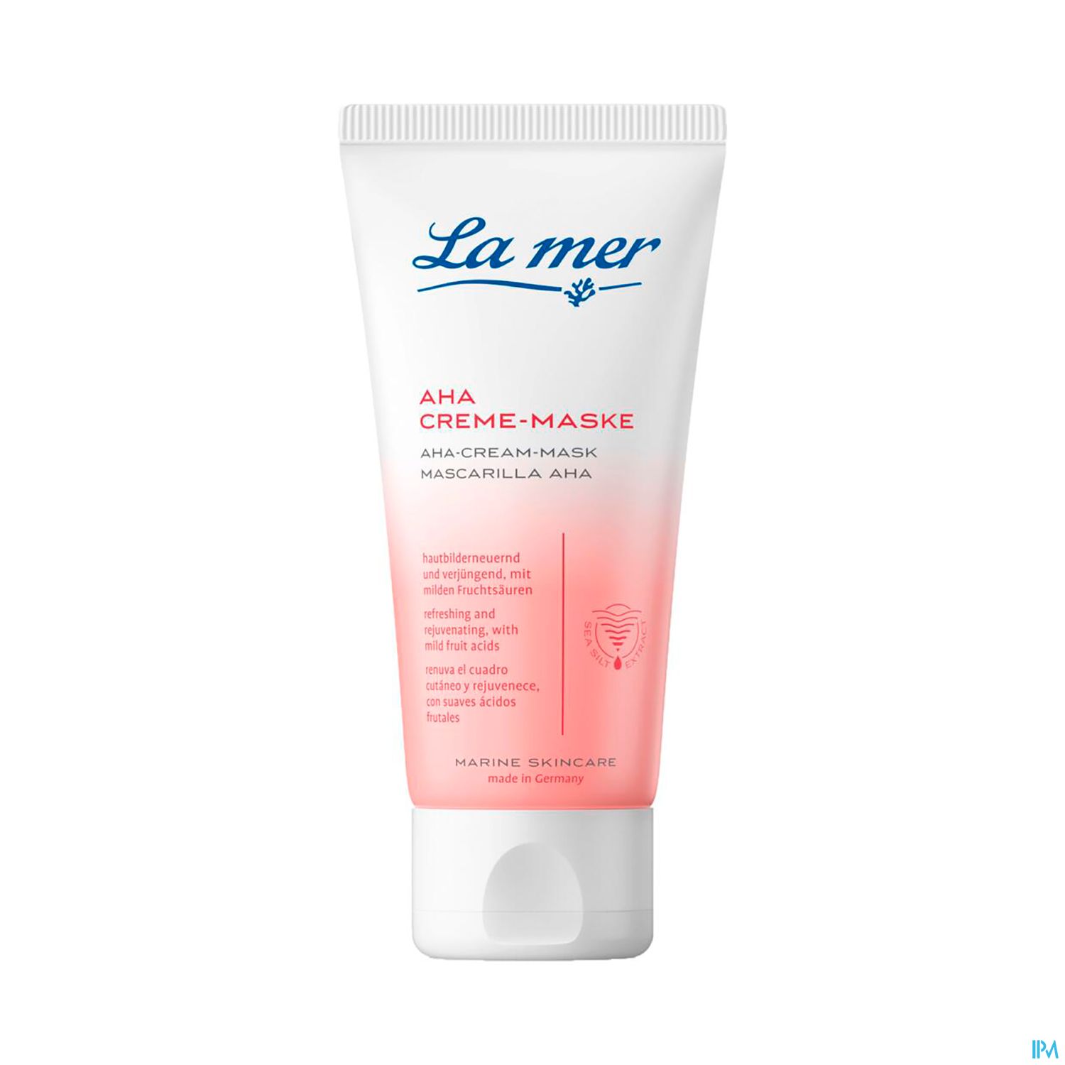 Tube einer AHA-Creme-Maske von La Mer, mit rosem Design und weißen Schriftzügen.
