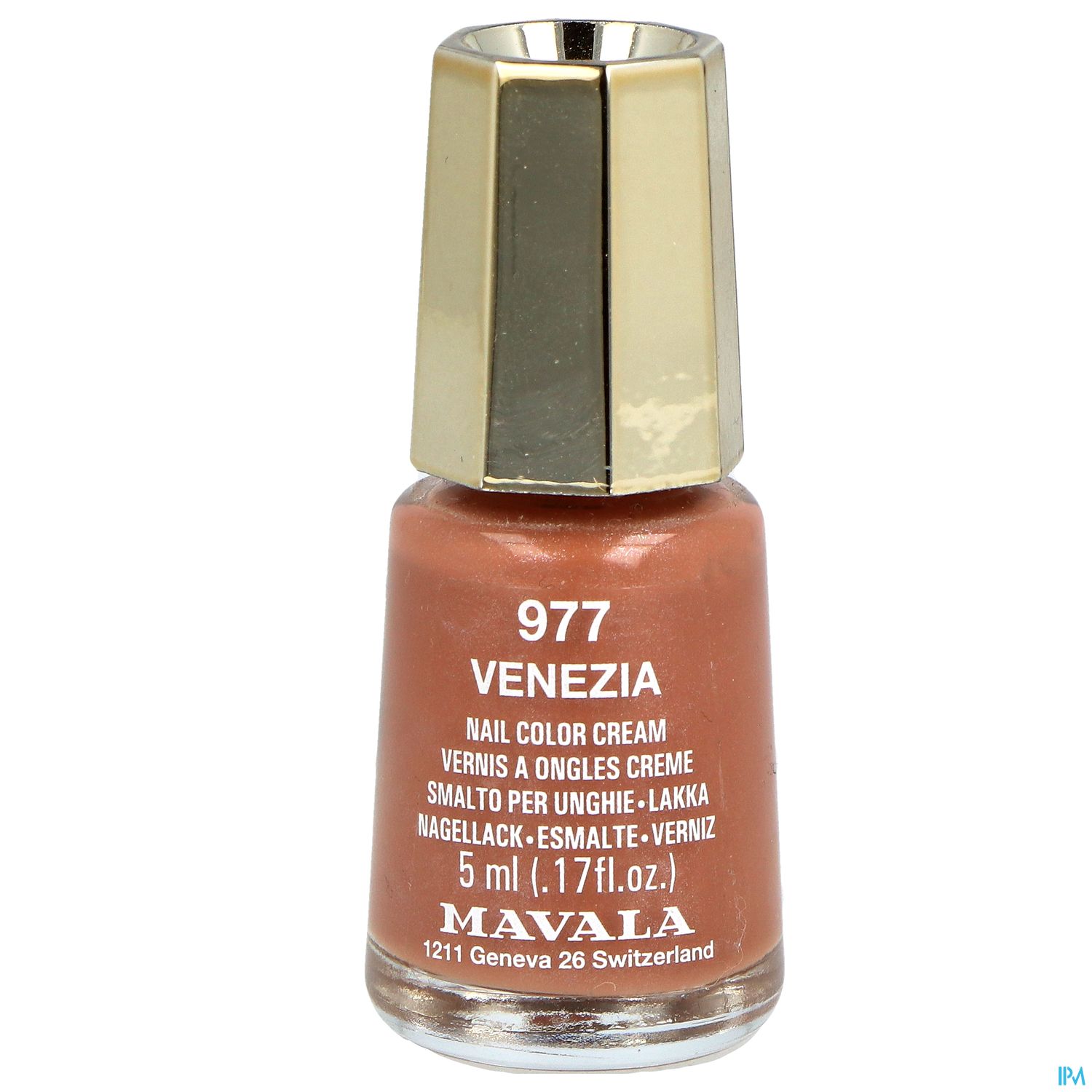 Nagellackflasche der Marke Mavala in der Farbe "Venezia" mit goldfarbenem Deckel.