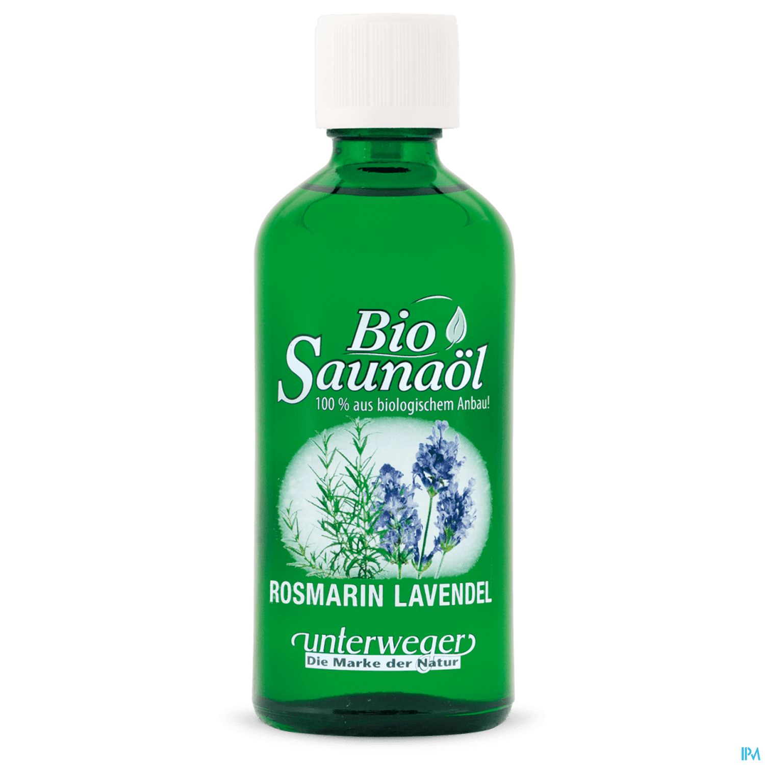 Flasche mit Bio-Saunaöl in grün, mit der Aufschrift "Bio Saunaöl - 100 % aus biologischem Anbau - Rosmarin Lavendel" und dem Markenlogo von Unterweger.