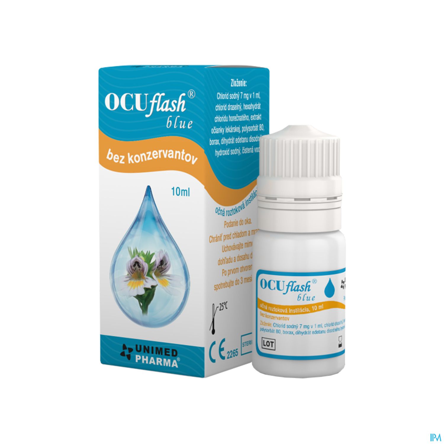 Produktabbildung von OCUflash blue, einer Augentropfen-Flasche ohne Konservierungsstoffe, zusammen mit der Verpackung.