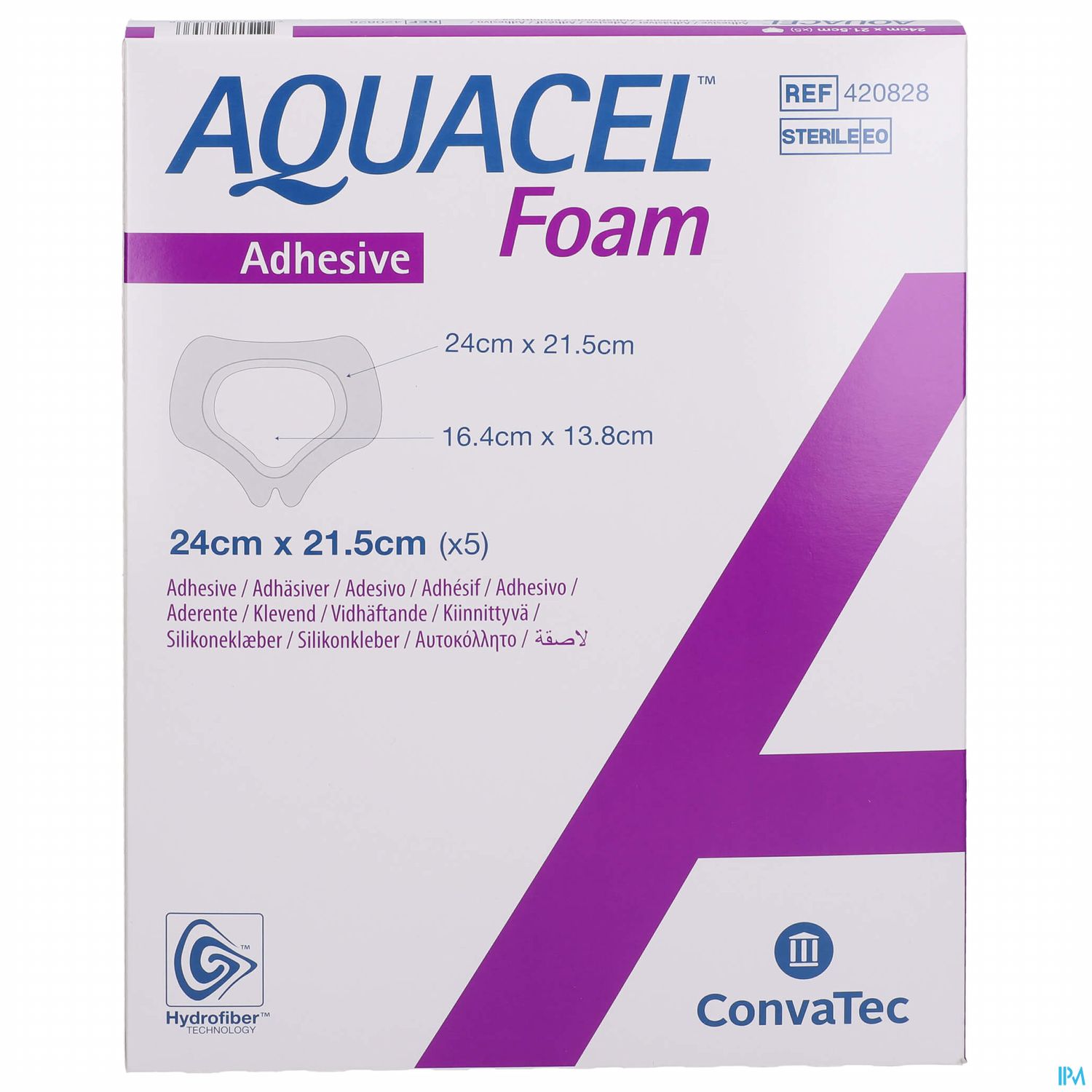 Verpackung von AQUACEL Foam mit Größenangaben und Herstellermarke ConvaTec.