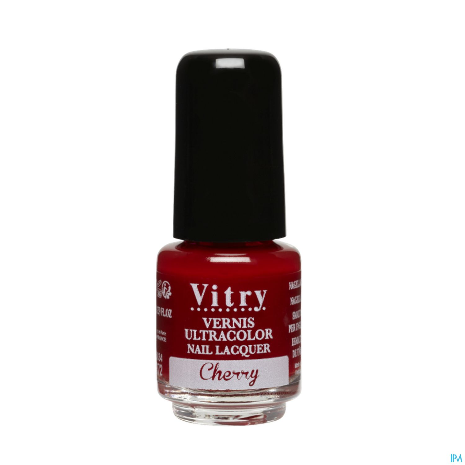 Roter Nagellack in einer Flasche mit schwarzem Deckel, beschriftet mit "Vitry Vernis Ultracolor Cherry".