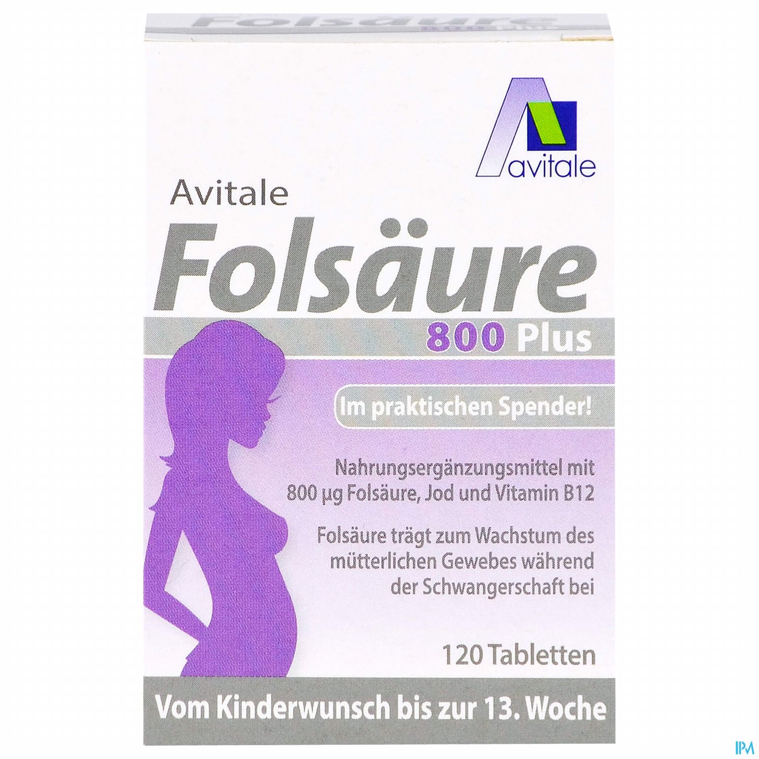 Verpackung von Avitale Folsäure 800 Plus, einem Nahrungsergänzungsmittel mit 800 µg Folsäure, Jod und Vitamin B12, mit Hinweisen zur Anwendung und einer Darstellung einer schwangeren Frau.