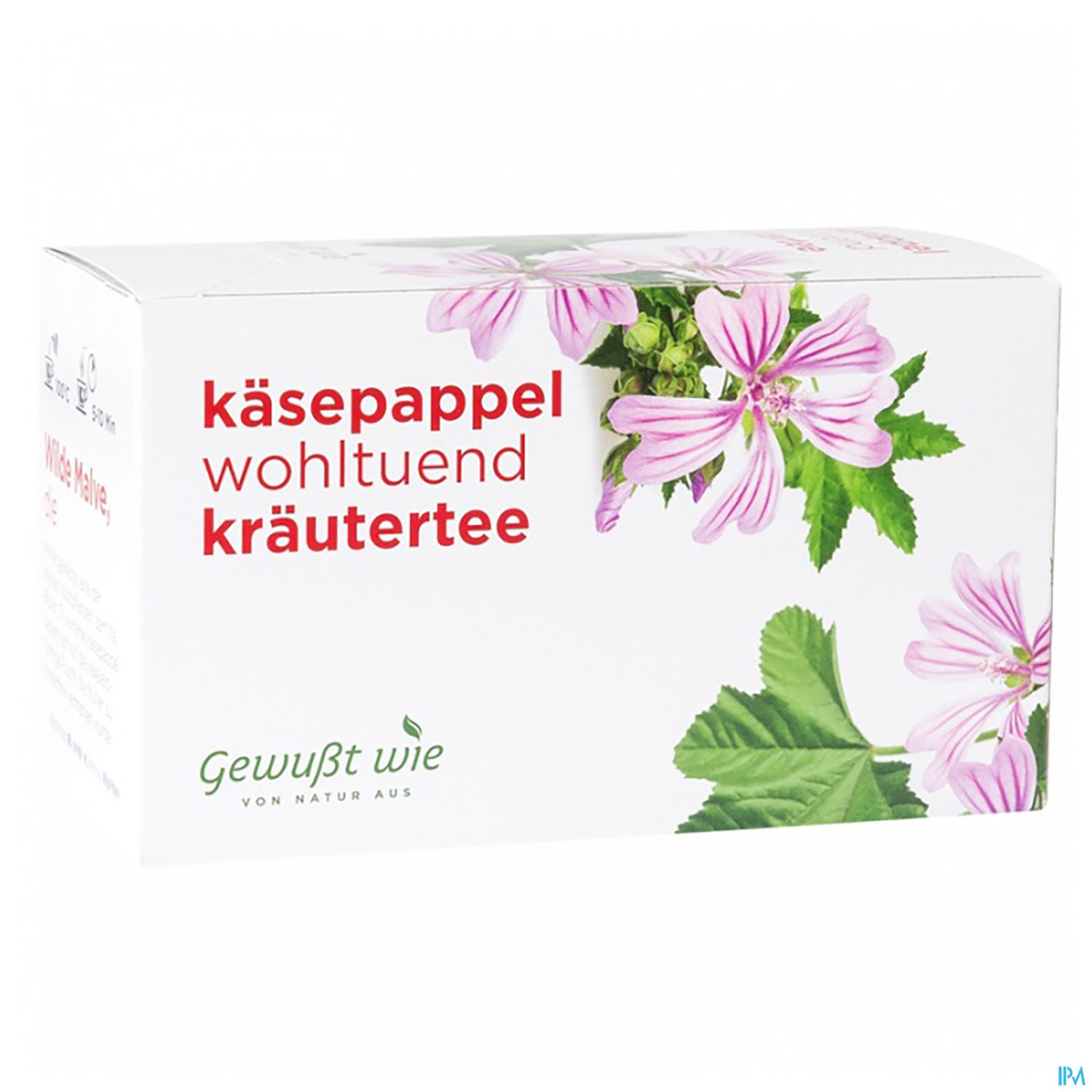 Verpackung des Käsepappel wohltuenden Kräutertees mit blühenden Pflanzenelementen.