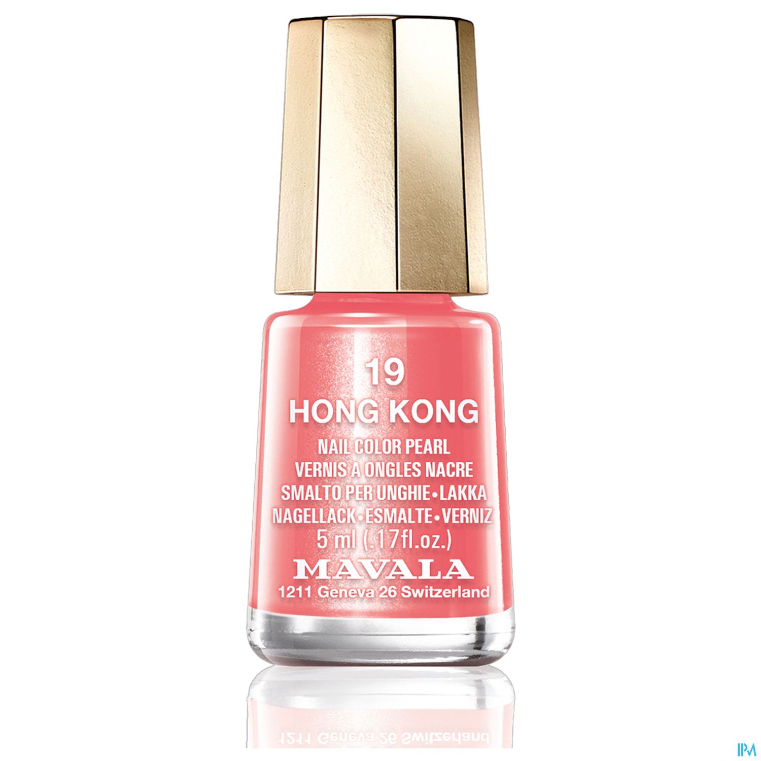 Flasche Nagellack in rosa mit goldener Kappe, etikettiert mit "19 HONG KONG" und "MAVA LA".
