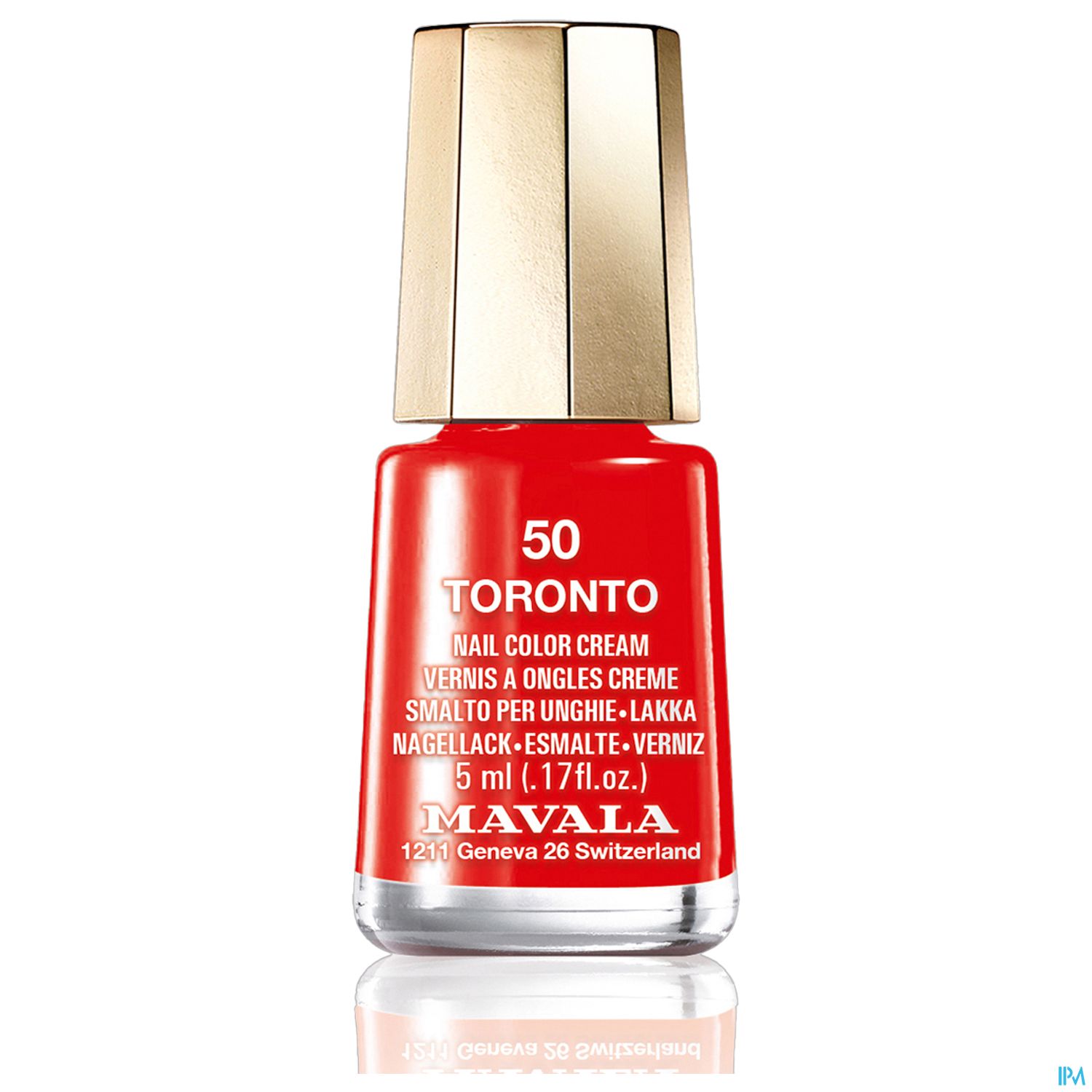 Roter Nagellack in einem gläsernen Fläschchen mit goldenen Deckel, etikettiert mit "50 TORONTO" und "MAVALA".