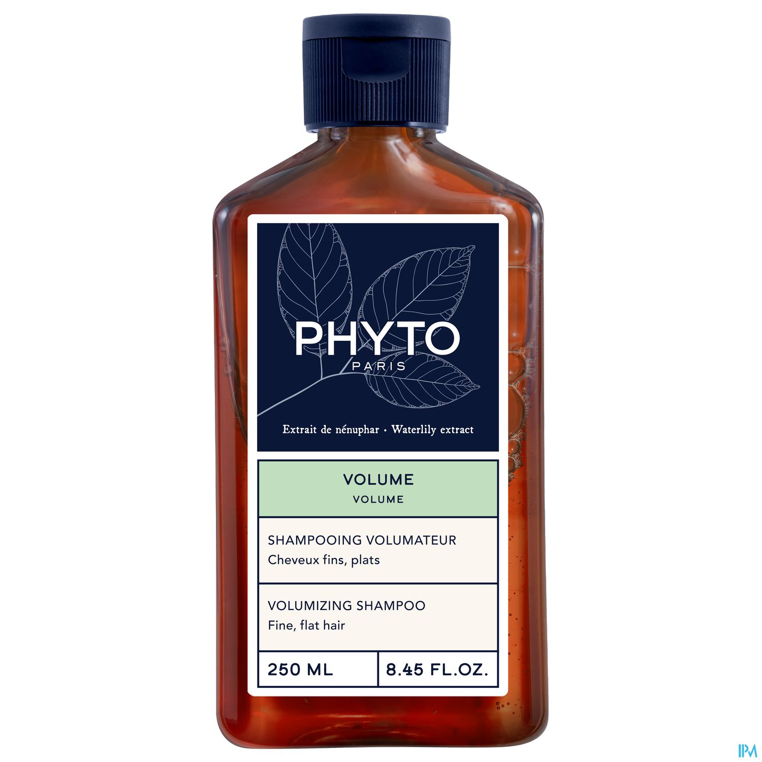 Braune Flasche mit Volumen-Shampoo von Phyto Paris, 250 ml, mit einem Etikett in Blau und Grün.