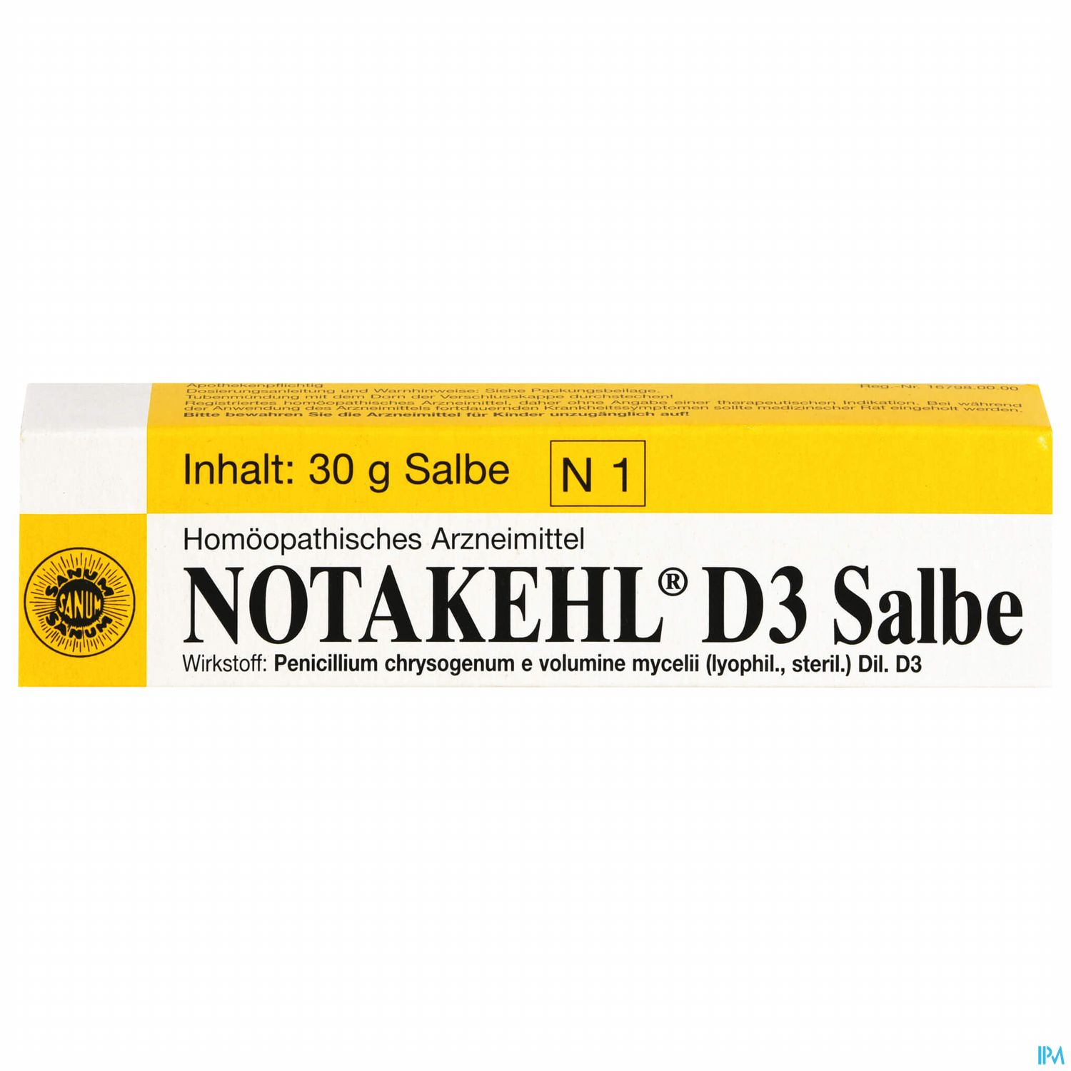 Verpackung der homöopathischen Salbe NOTAKEHL® D3, 30 g, mit Inhaltsangabe und Wirkstoffinformation.