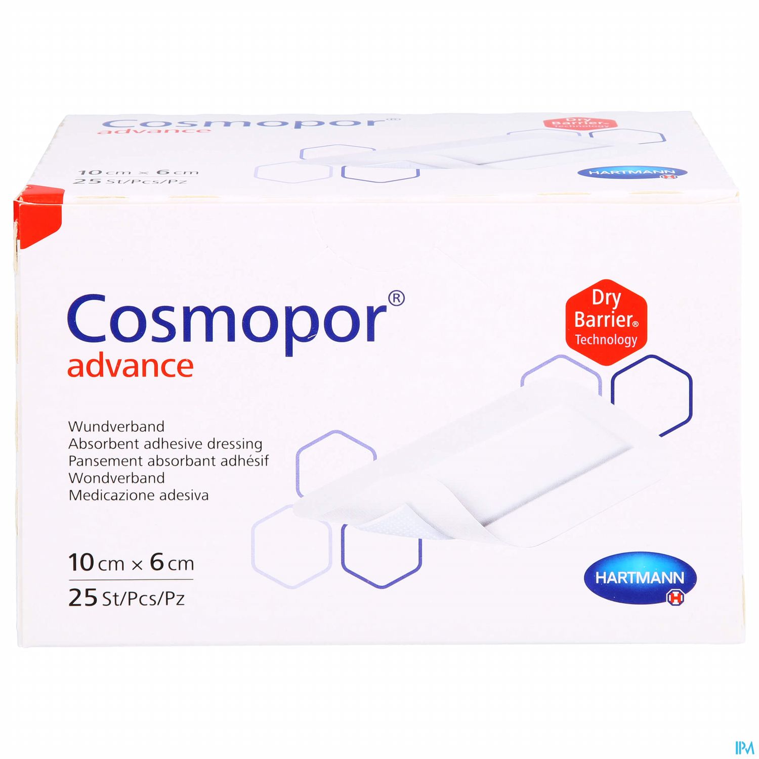 Verpackung eines Wundverbands namens Cosmopor advance, mit Angabe der Größe 10 cm x 6 cm und der Stückzahl 25.