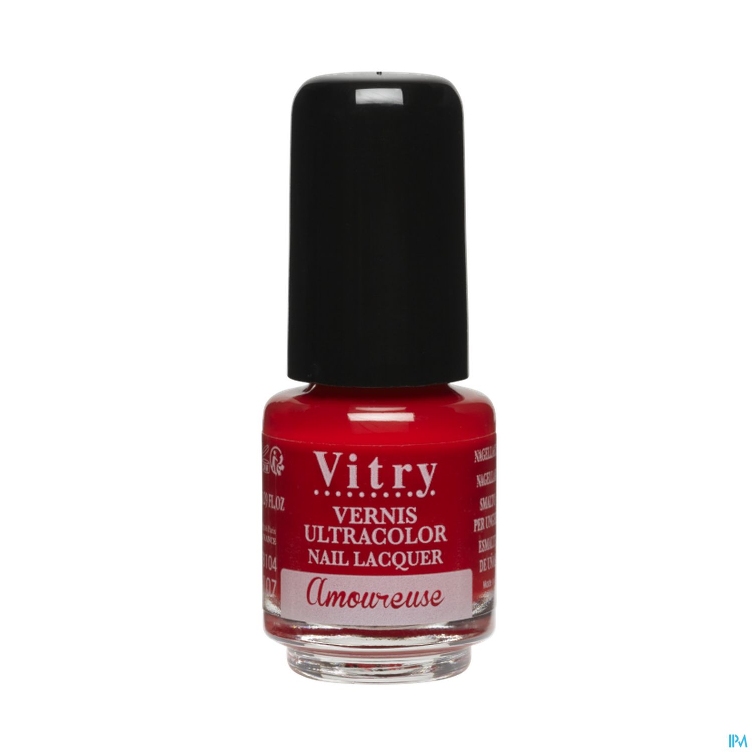 Nagellackflasche in leuchtendem Rot mit schwarzem Deckel, beschriftet mit "Vitry Vernis Ultracolor Nail Lacquer Amoureuse".