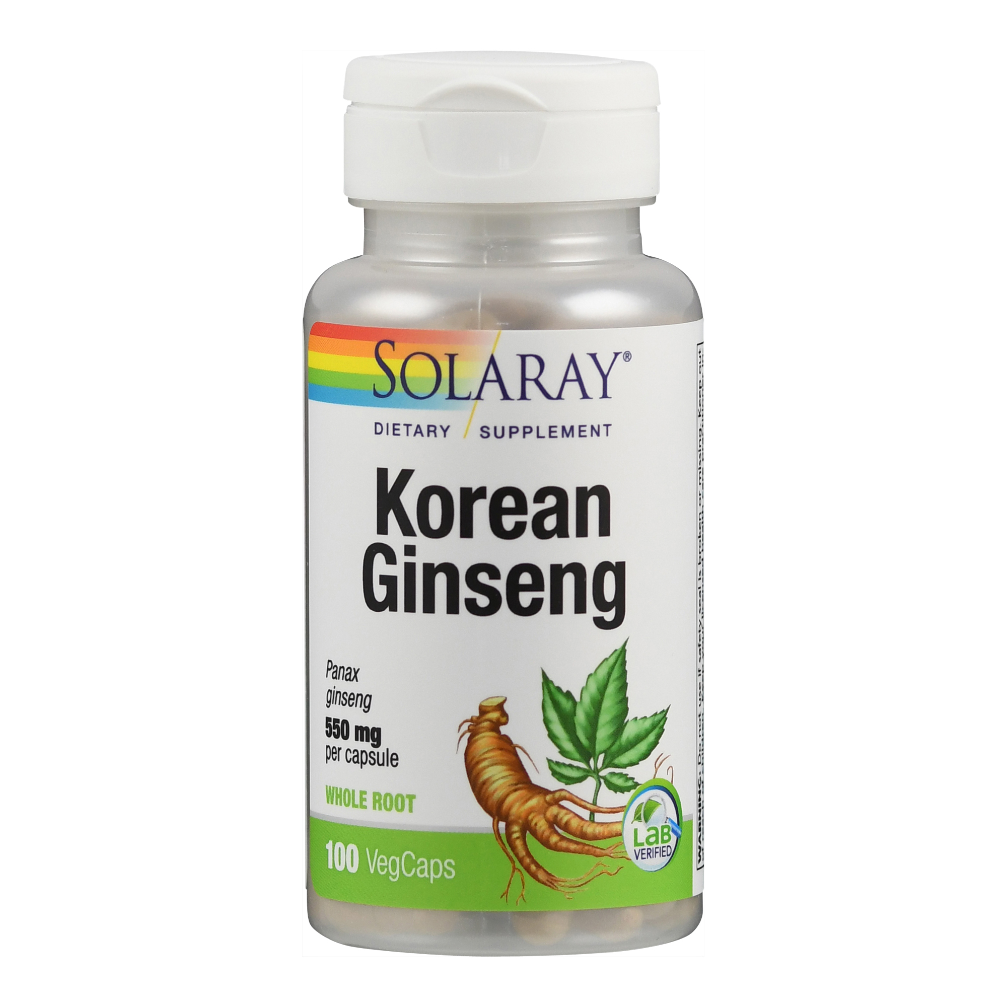 Flasche mit koreanischem Ginseng-Nahrungsergänzungsmittel, 100 veganen Kapseln, 550 mg pro Kapsel.