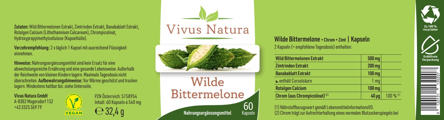 Produktetikett für "Wilde Bittermelone" von Vivus Natura mit Inhaltsstoffen und Nährwertangaben.