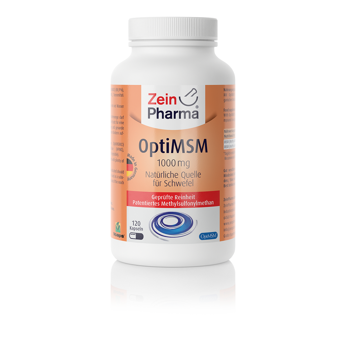 Weißes Plastikfläschchen mit runder Form, Etikett in Beige und Orange, beschriftet mit „OptiMSM 1000 mg natürliche Quelle für Schwefel“ und der Marke „Zein Pharma“. Enthält 120 Kapseln.