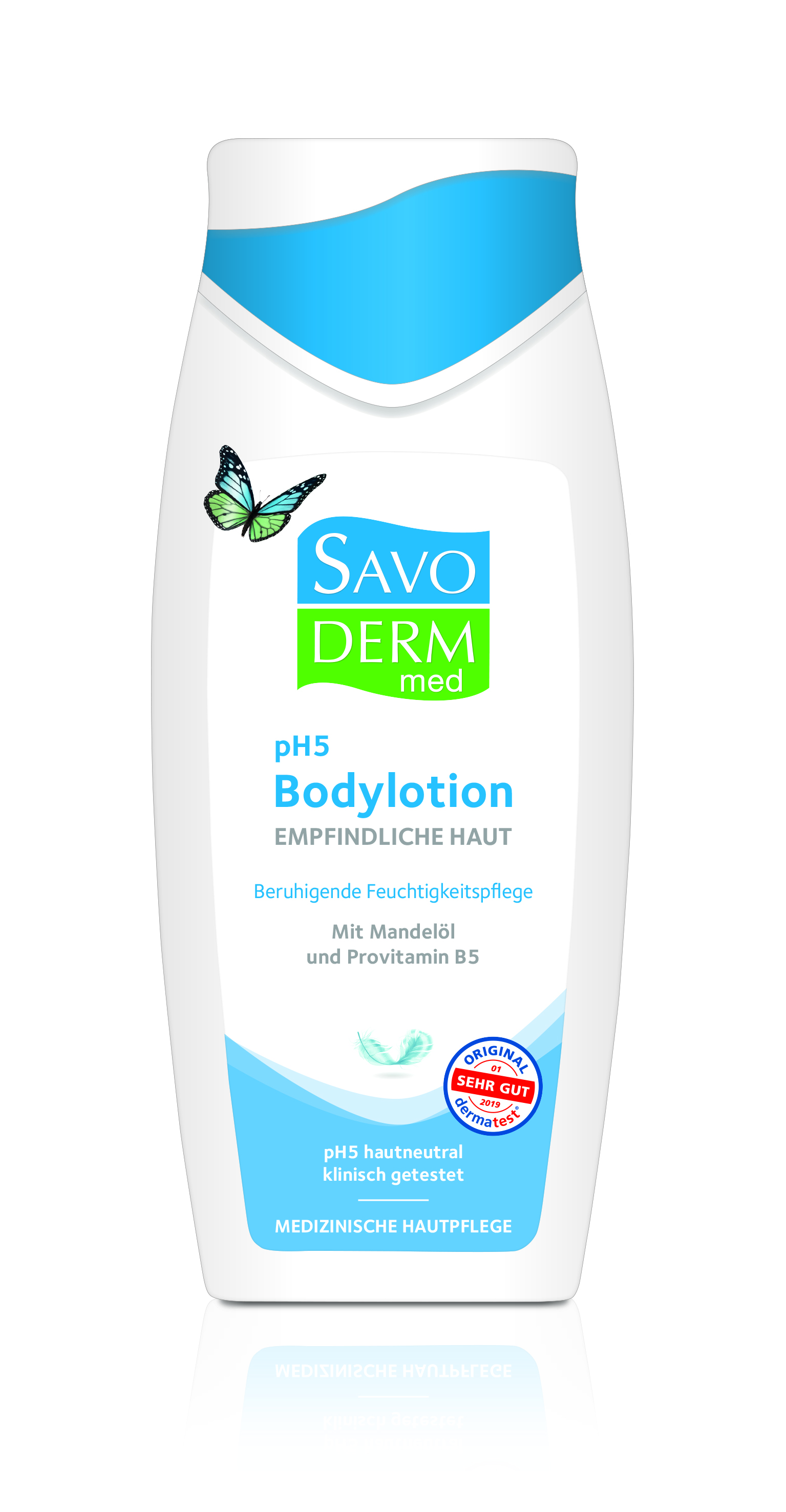 Flasche SavoDERM med pH5 Bodylotion für empfindliche Haut mit einer grün-blauen Farbgestaltung und einem Schmetterling-Logo.