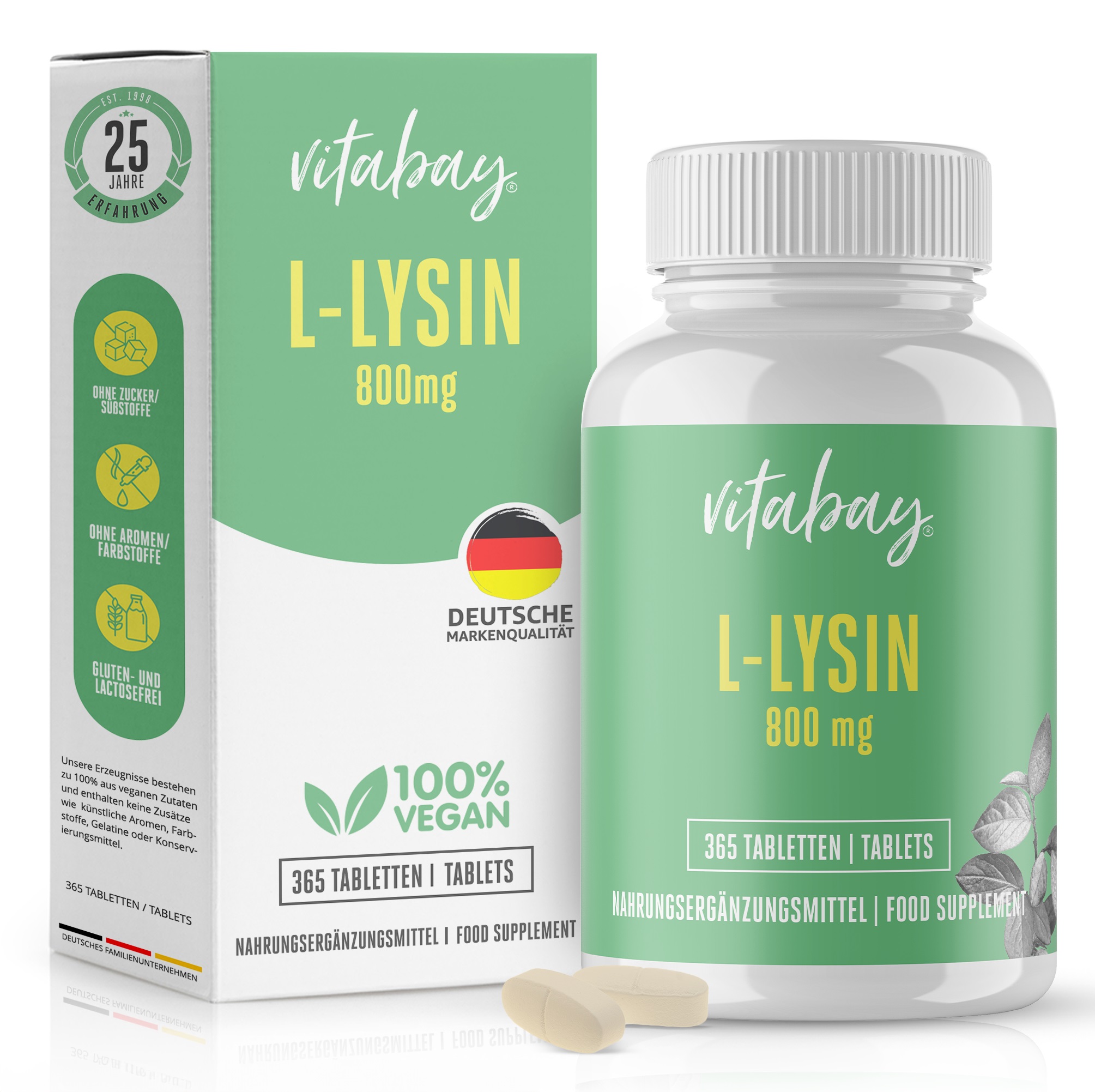 Produktbild von vitabay L-Lysin 800 mg, vegan, in einer Verpackung und einem Fläschchen mit Tabletten.