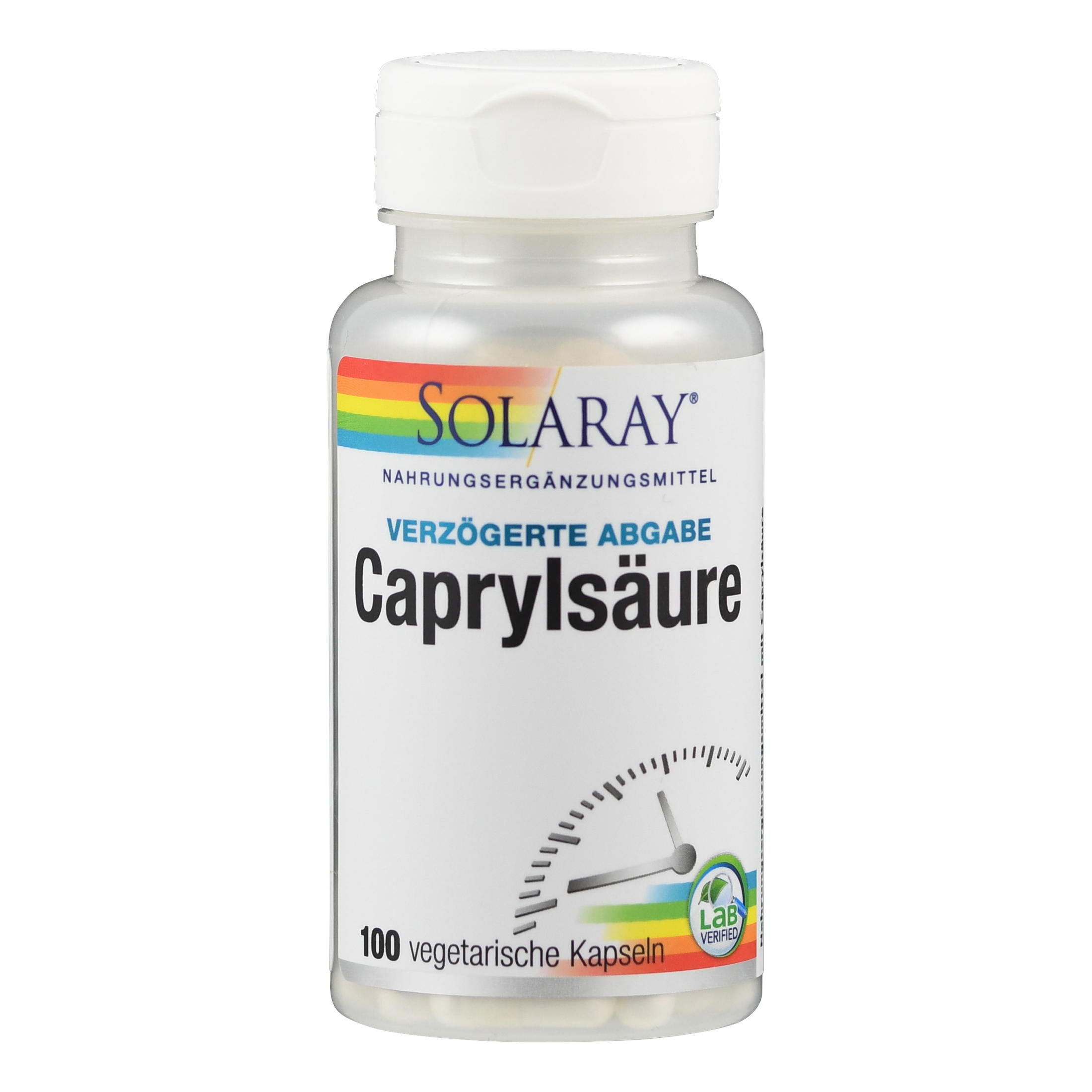 Flasche mit Nahrungsergänzungsmittel "Caprylsäure" von Solaray, 100 vegetarische Kapseln, mit Aufdruck zur verzögerten Abgabe.