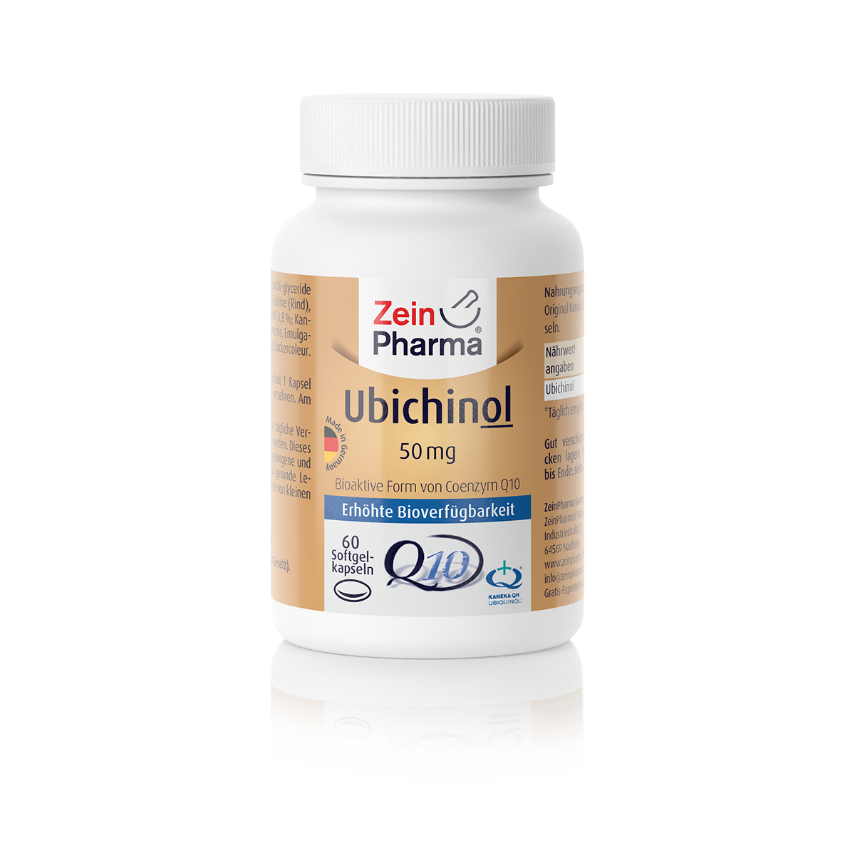 Weißes Tablettenfläschchen mit goldener und blauer Etikettierung, das Ubichinol 50 mg von Zein Pharma zeigt.
