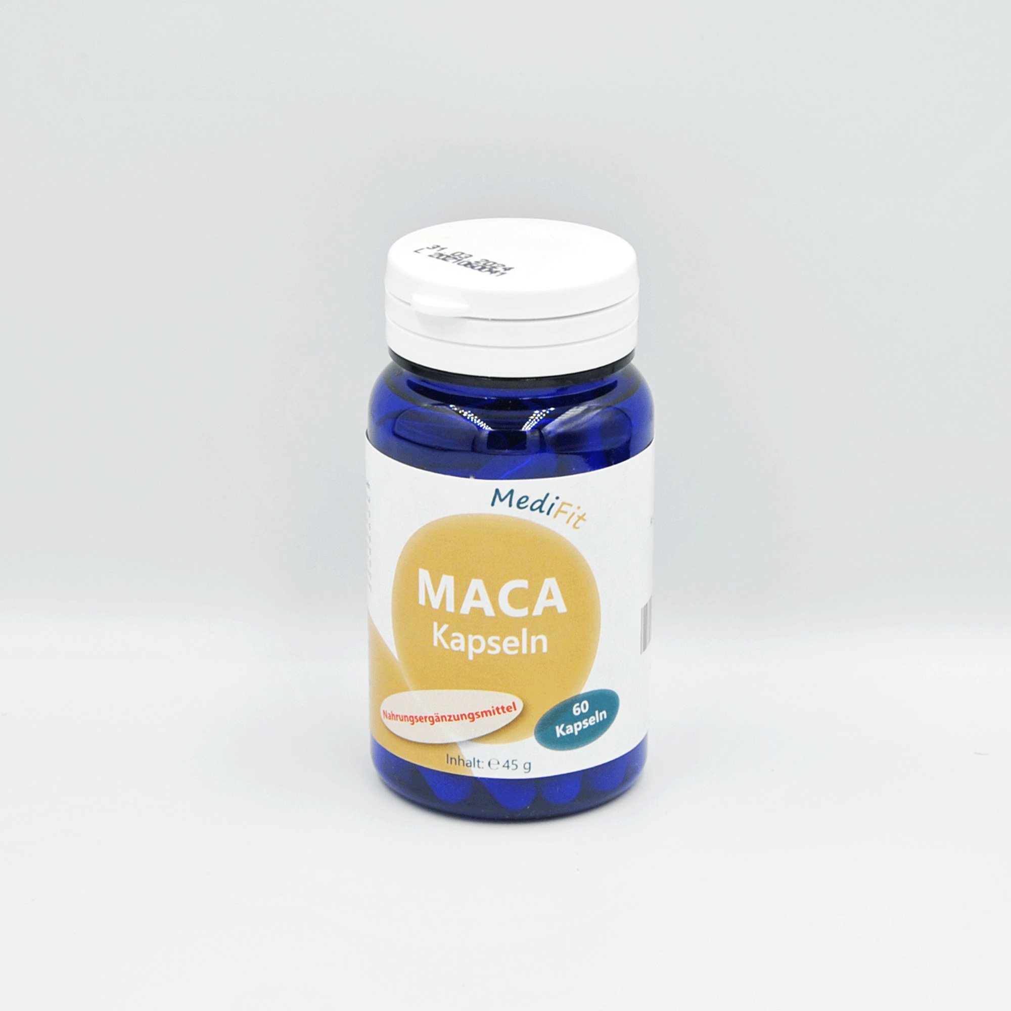 Blaues Fläschchen mit weißem Deckel, beschriftet mit "Maca Kapseln", enthält 60 Kapseln.