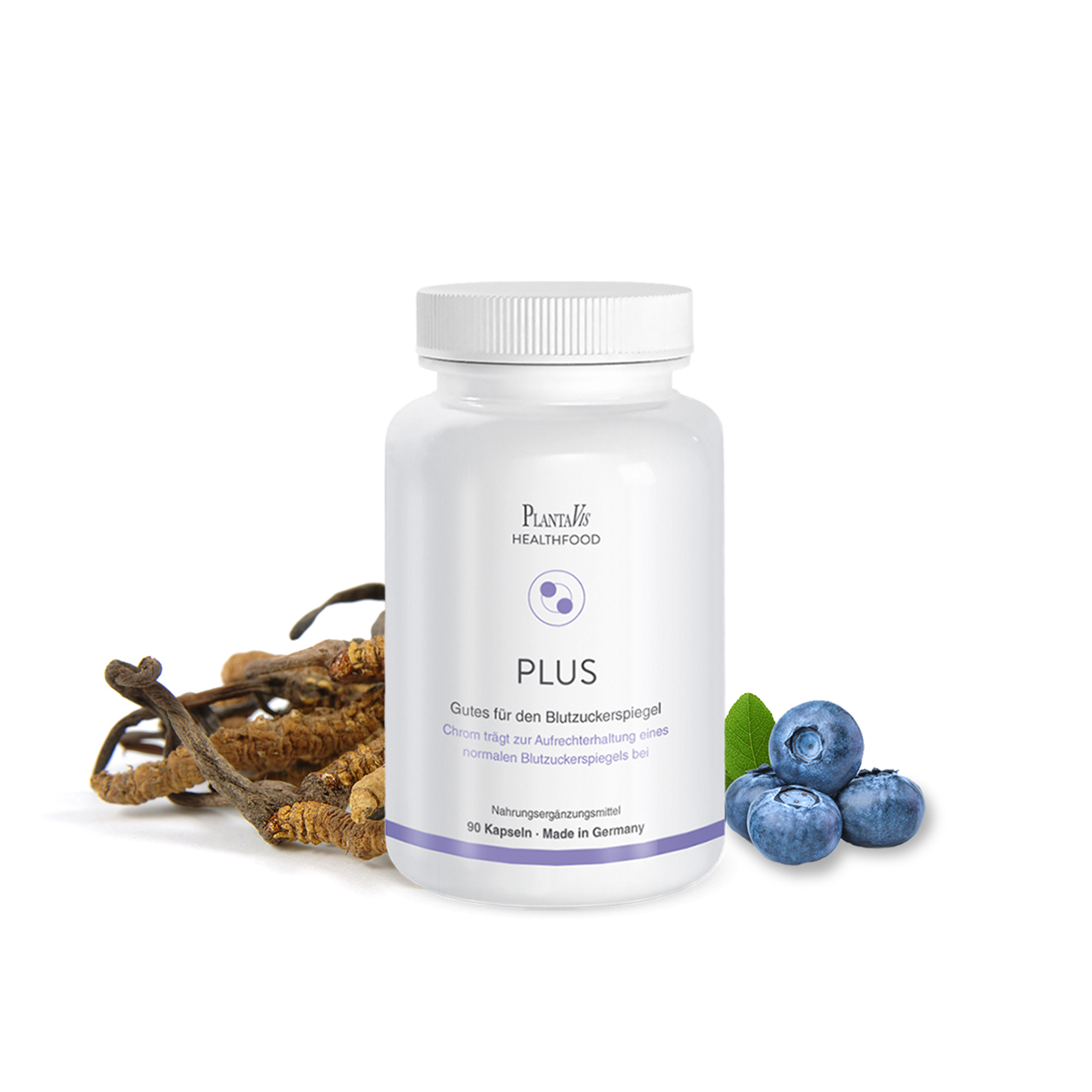Konzentrat-Dose mit der Aufschrift "PLUS" neben Heidelbeeren und Kräutern.