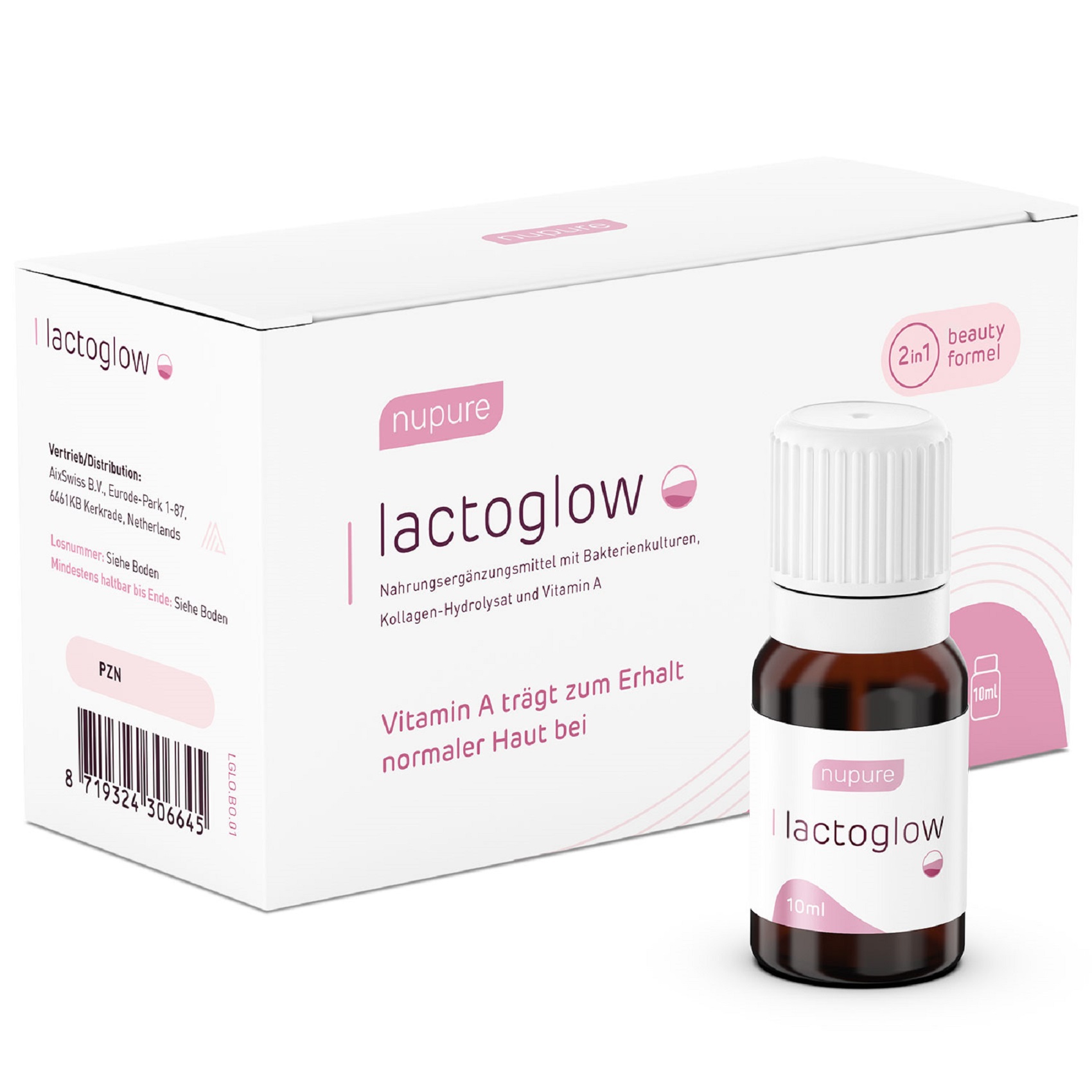 Flasche mit Hautpflegeprodukt "lactoglow" von nupure im Karton, 10 ml, mit Hinweis auf Vitamin A für normale Haut.