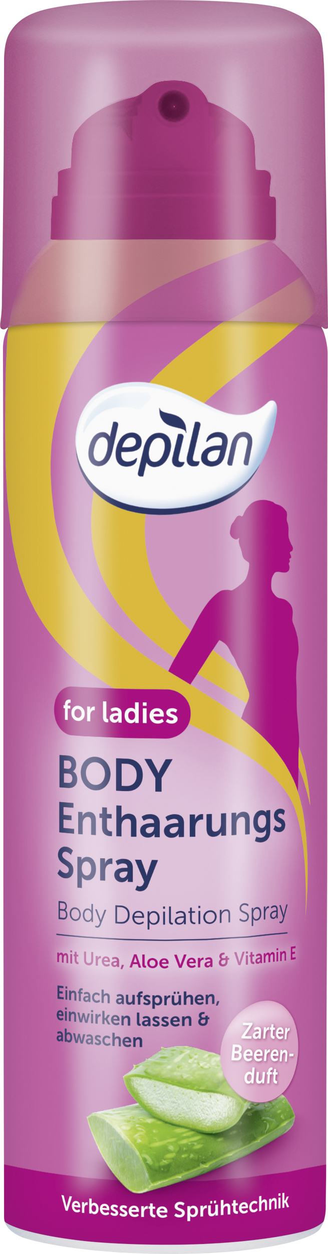 Sprühflasche für ein Enthaarungsspray mit der Aufschrift "depilan BODY Enthaarungs Spray", ergänzt mit Aloe Vera und Vitamin E, für Damen. Verpackung in lila und gelb.