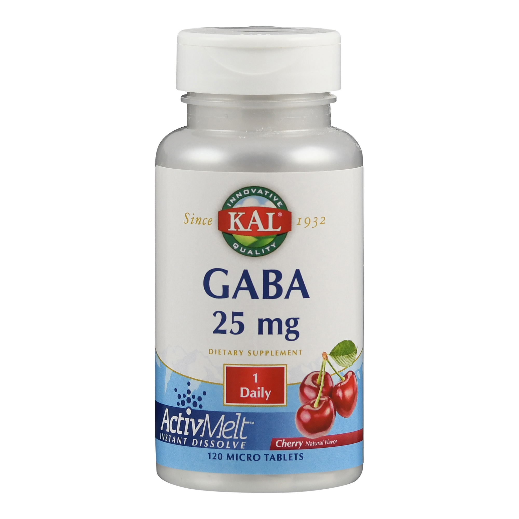 Flasche mit GABA 25 mg Nahrungsergänzungsmittel, 120 Mikrotabletten, Geschmacksrichtung Kirsche.