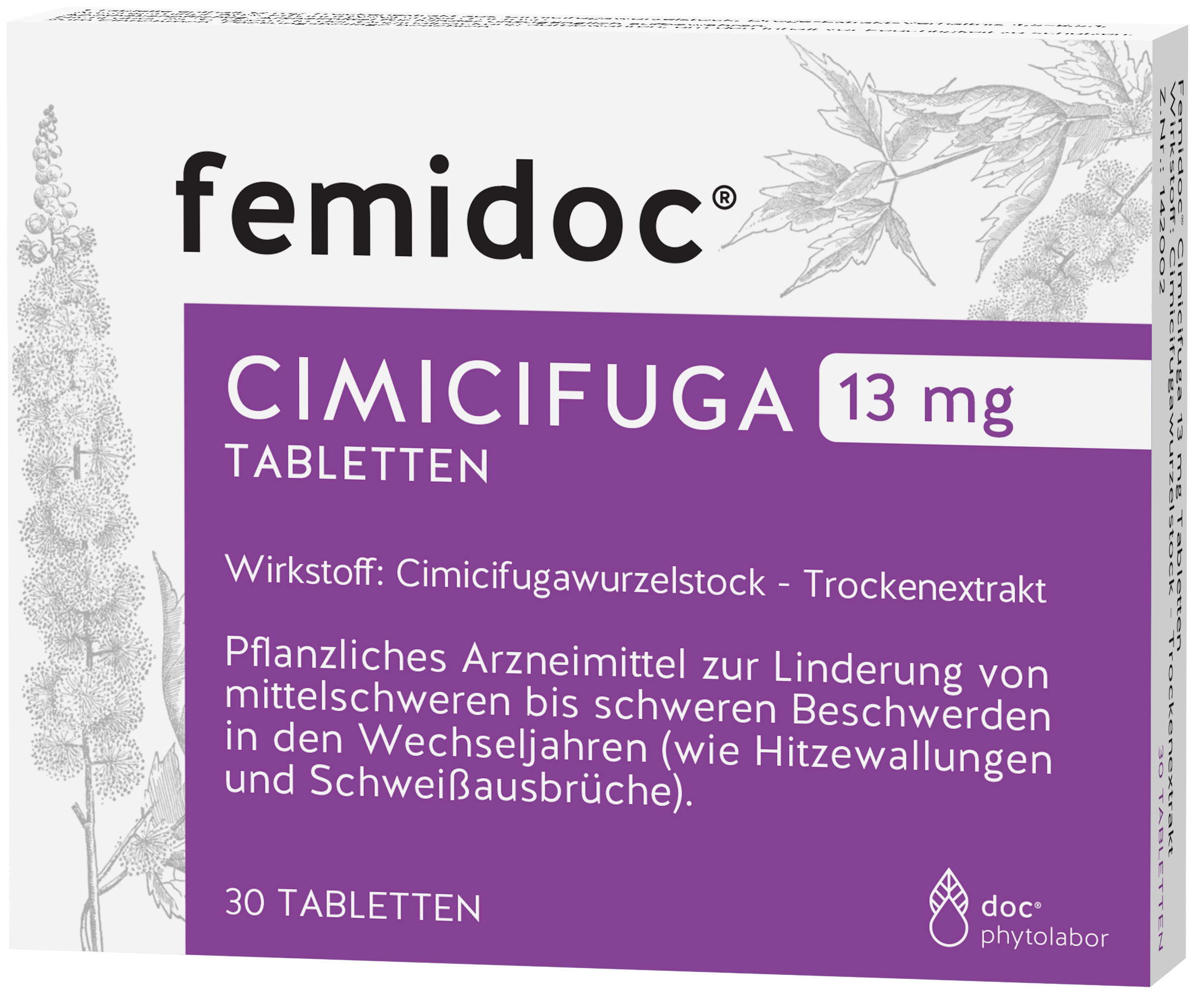 Packungsdesign von femidoc CIMICIFUGA 13 mg Tabletten, enthält pflanzliches Arzneimittel zur Linderung von Wechseljahresbeschwerden, 30 Tabletten.
