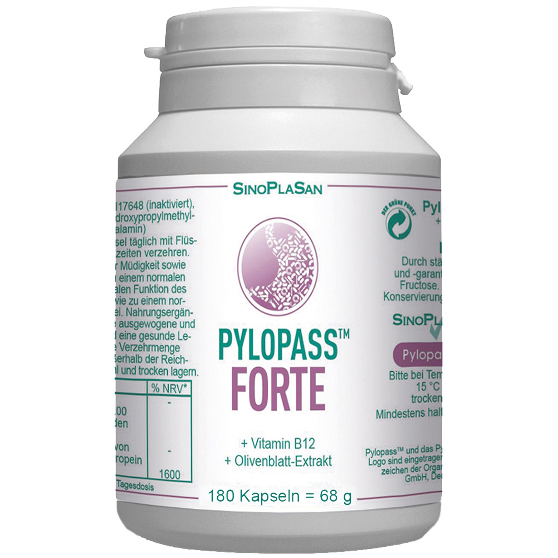 Weißes Fläschchen mit lila und grüner Beschriftung, das "PYLOPASS FORTE" und Informationen zu den Inhaltsstoffen enthält.