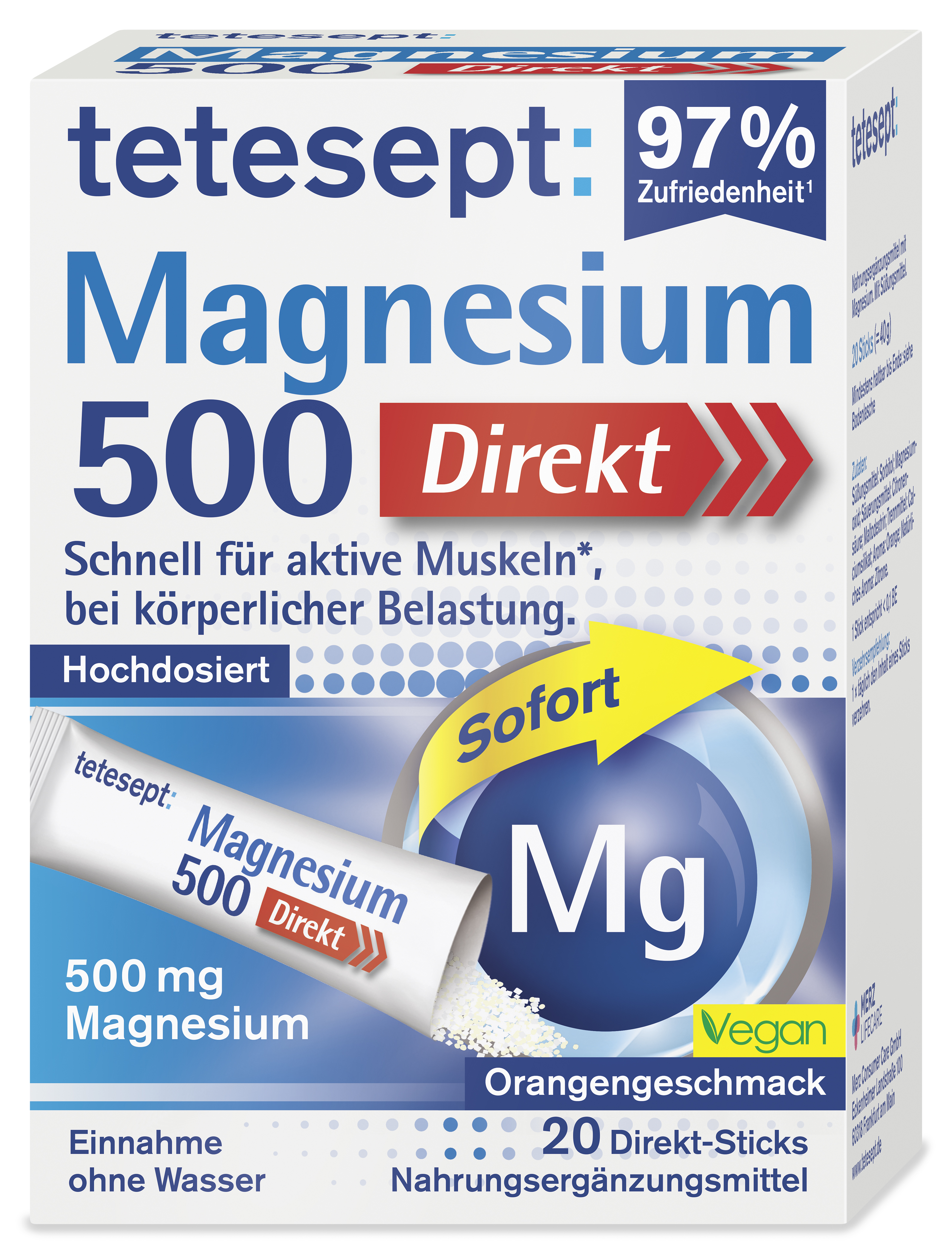 Verpackung von tetesept Magnesium 500 Direkt, mit Angaben zu Inhaltsstoffen, Anwendung und Geschmacksrichtung.