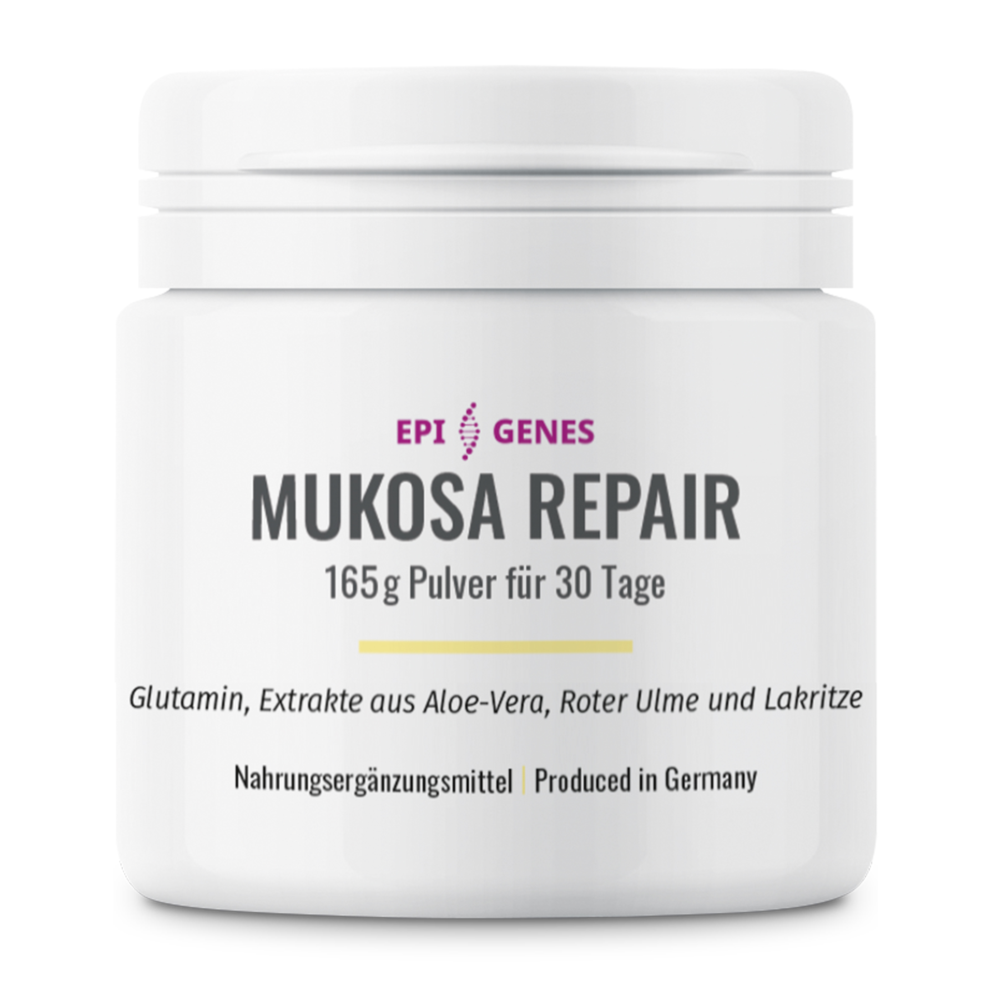Weißes Pulvergefäß mit schwarzer und lila Schrift; Aufschrift: "MUKOSA REPAIR", "165g Pulver für 30 Tage", "Glutamin, Extrakte aus Aloe-Vera, Roter Ulme und Lakritze", "Nahrungsergänzungsmittel | Produced in Germany".