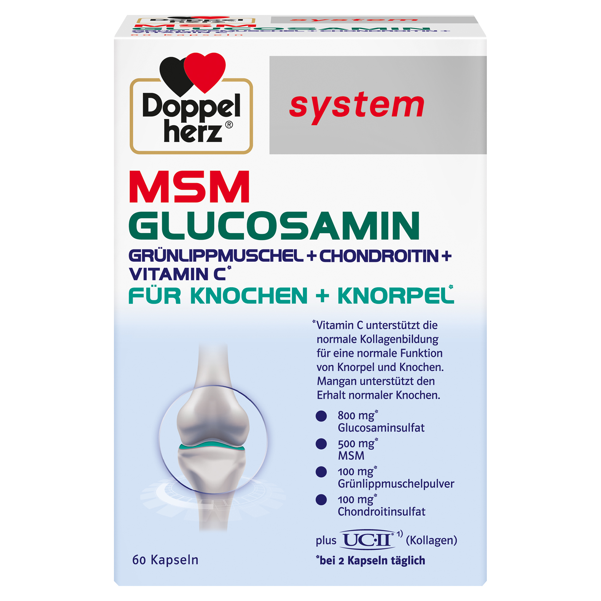 Verpackung von Doppelherz MSM Glucosamin mit Angaben zu Inhaltsstoffen und Anwendungshinweisen für Gelenke.