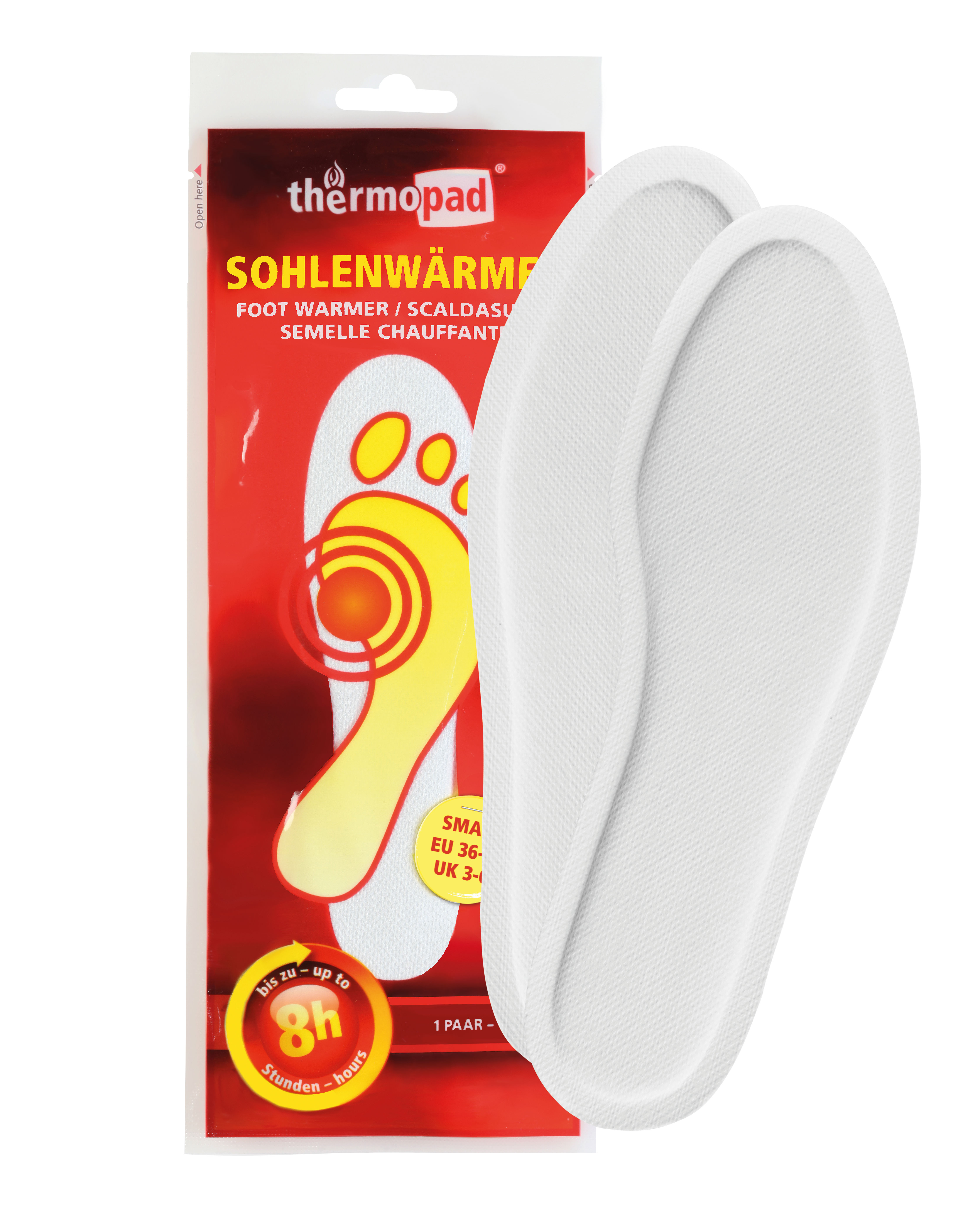 Packung mit Sohlenwärmern in Weiß, die bis zu 8 Stunden Wärme spenden.