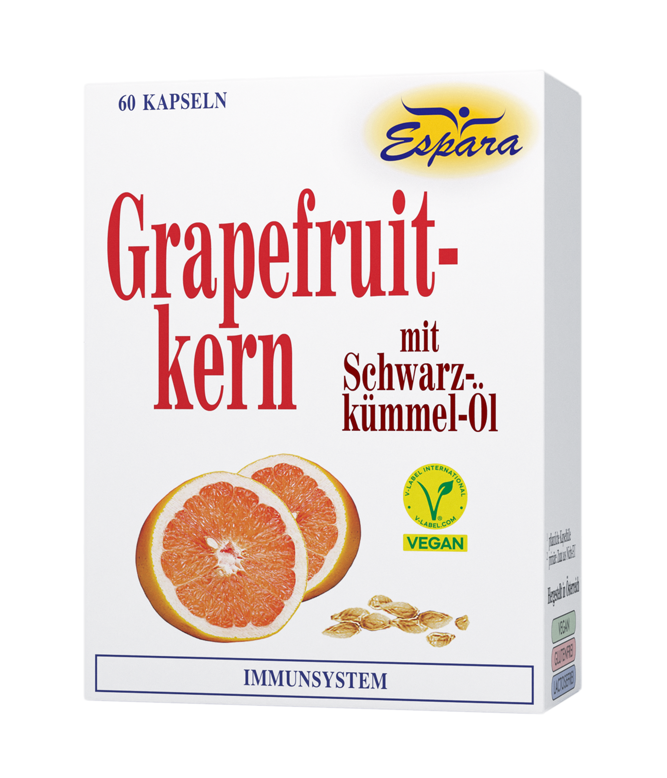 Produktverpackung für Grapefruitsweichkapseln mit Schwarzkmümmel-Öl, vegan, 60 Kapseln, Hinweis auf Unterstützung des Immunsystems.