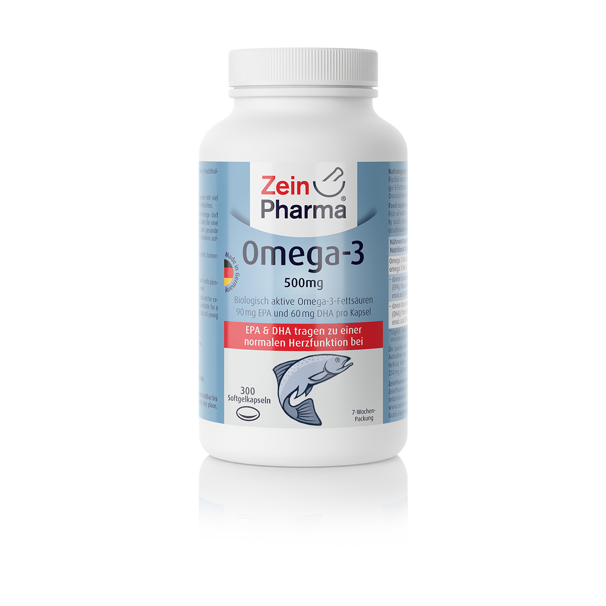Weiße Flasche mit blauer Etikettierung, beschriftet mit "Zein Pharma Omega-3 500 mg" und Hinweis auf 300 Softgel-Kapseln.