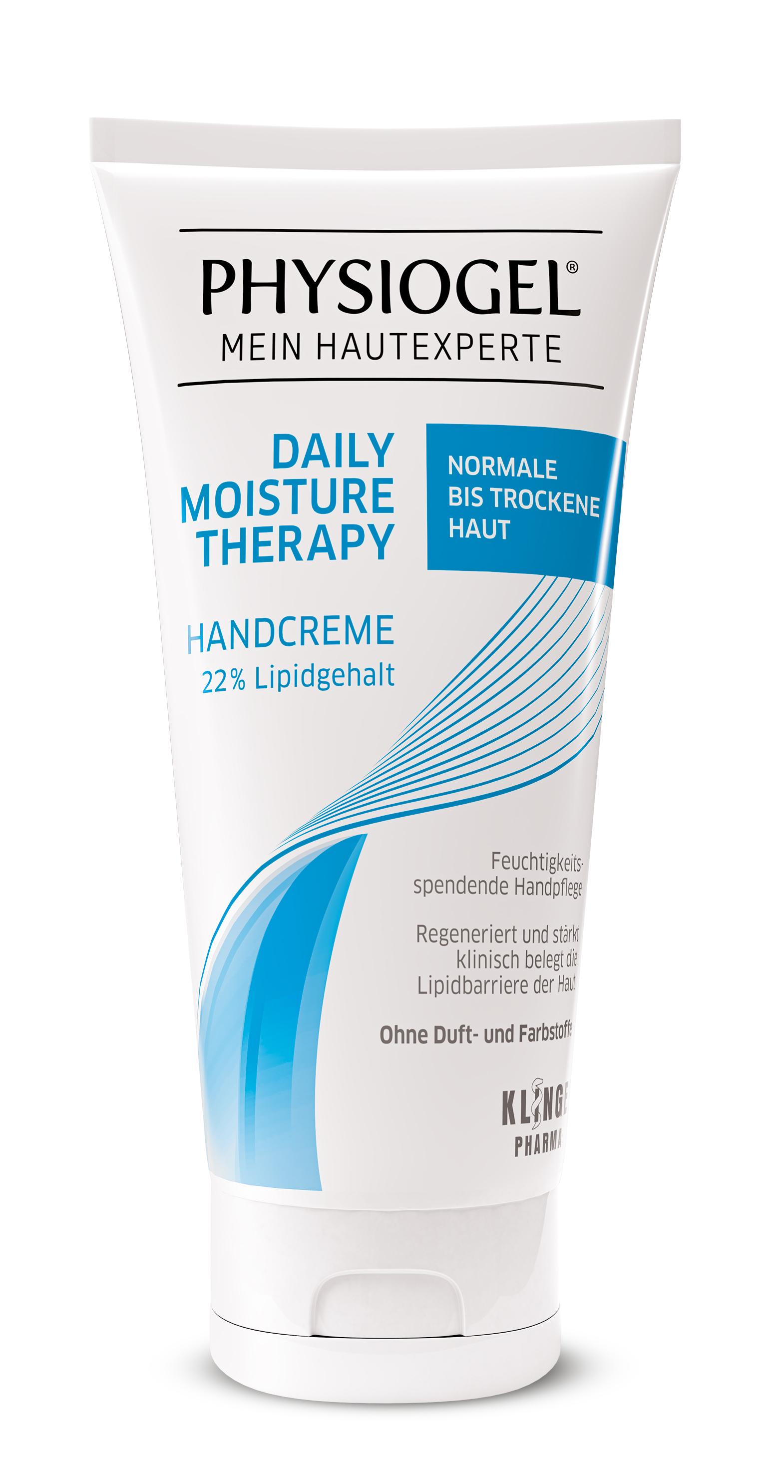 Tube mit Physiogel Handcreme für normale bis trockene Haut, mit der Aufschrift "Daily Moisture Therapy" und 22% Lipidgehalt.