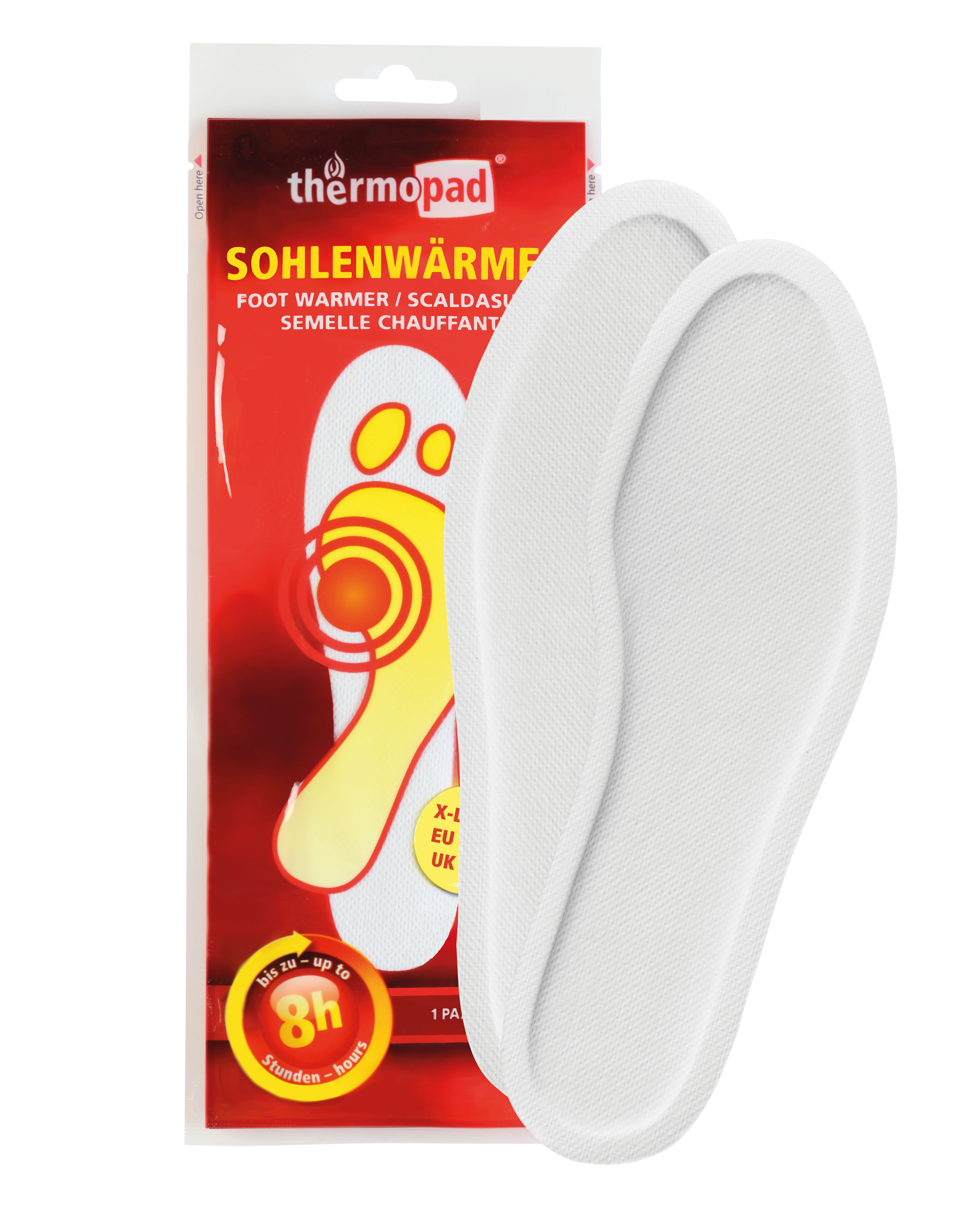 Verpackung mit Sohlewärmer in Weiß auf rotem Hintergrund, mit Hinweis auf die Nutzung für bis zu 8 Stunden.