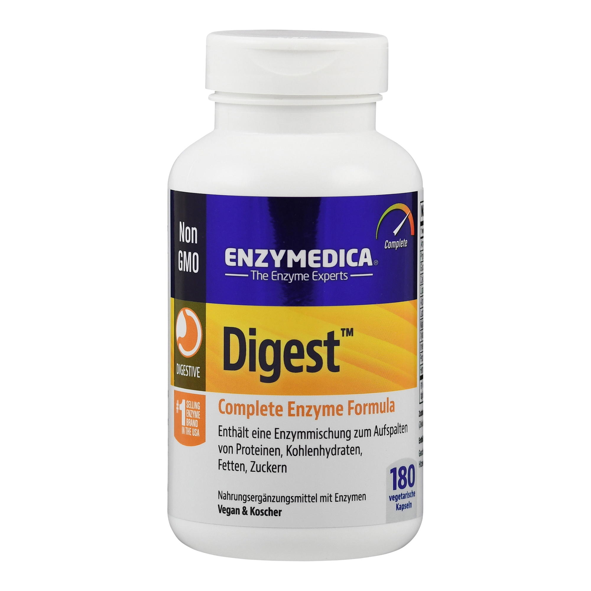 Weißes Fläschchen mit orange-blauer Beschriftung, das das Produkt "Digest" von Enzymedica zeigt, einschließlich der Angabe "Complete Enzyme Formula" und "180 vegetarische Kapseln".