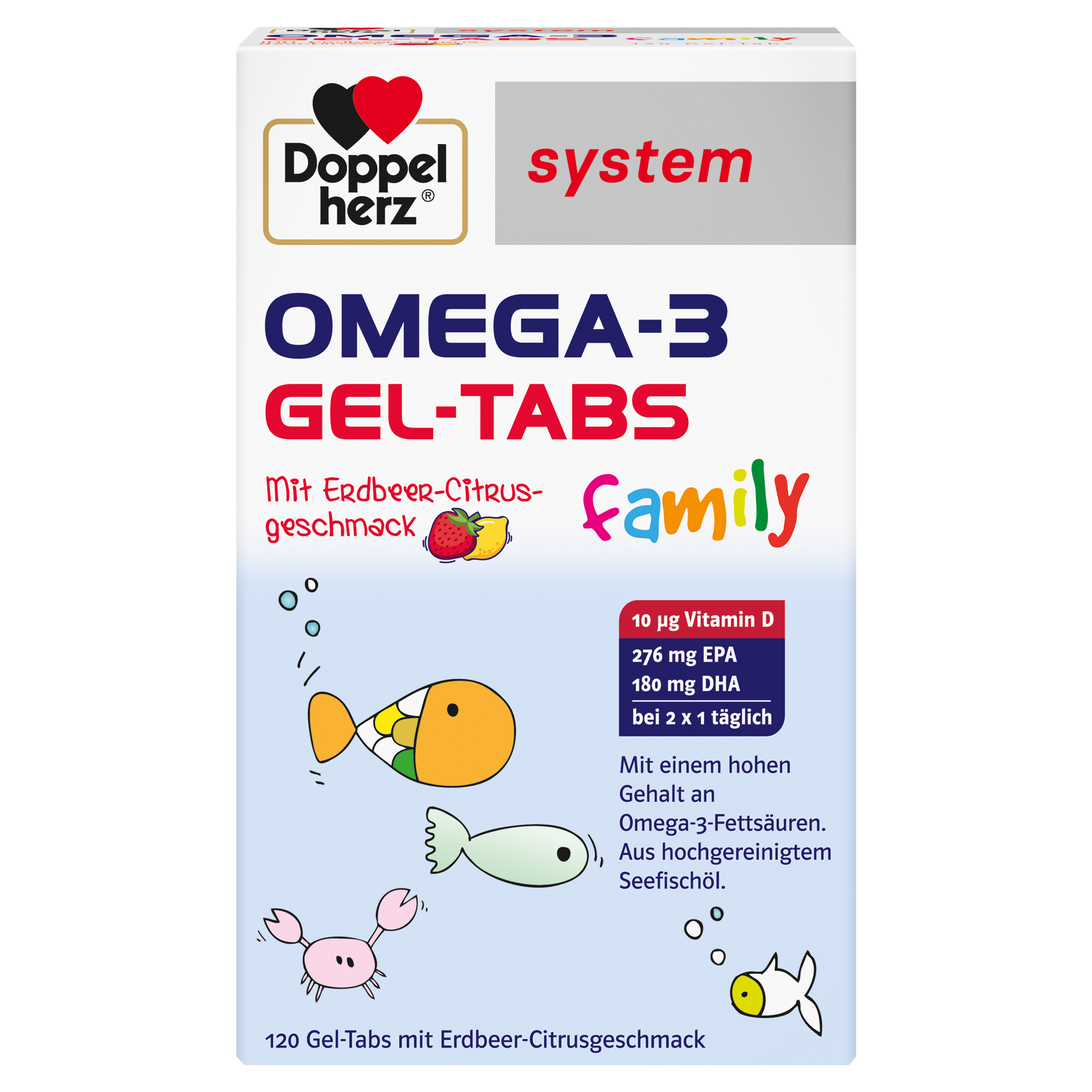 Verpackung von Doppelherz Omega-3 Gel-Tabs mit Erdbeer-Citrusgeschmack, 120 Stück, Angaben zu Inhalt und Nährstoffen.