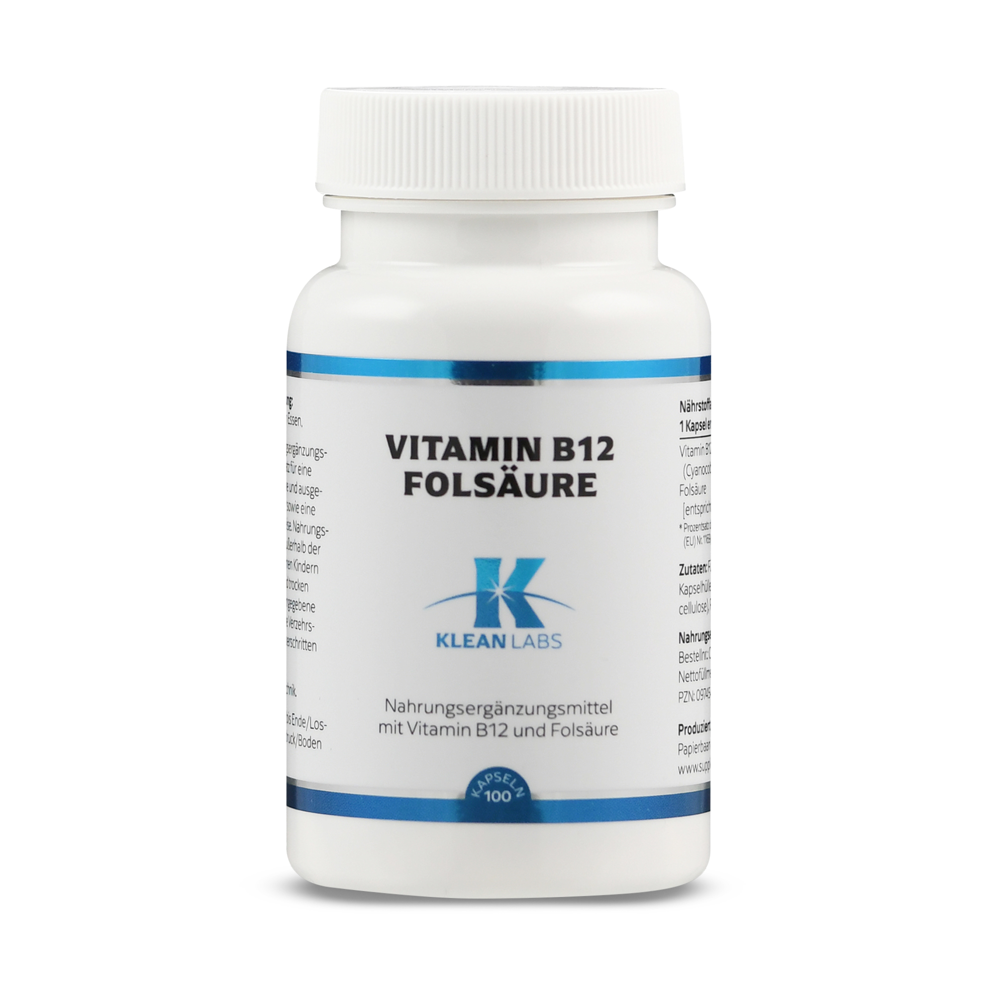 Weißes Fläschchen mit blauer Beschriftung, das Vitamin B12 und Folsäure enthält.
